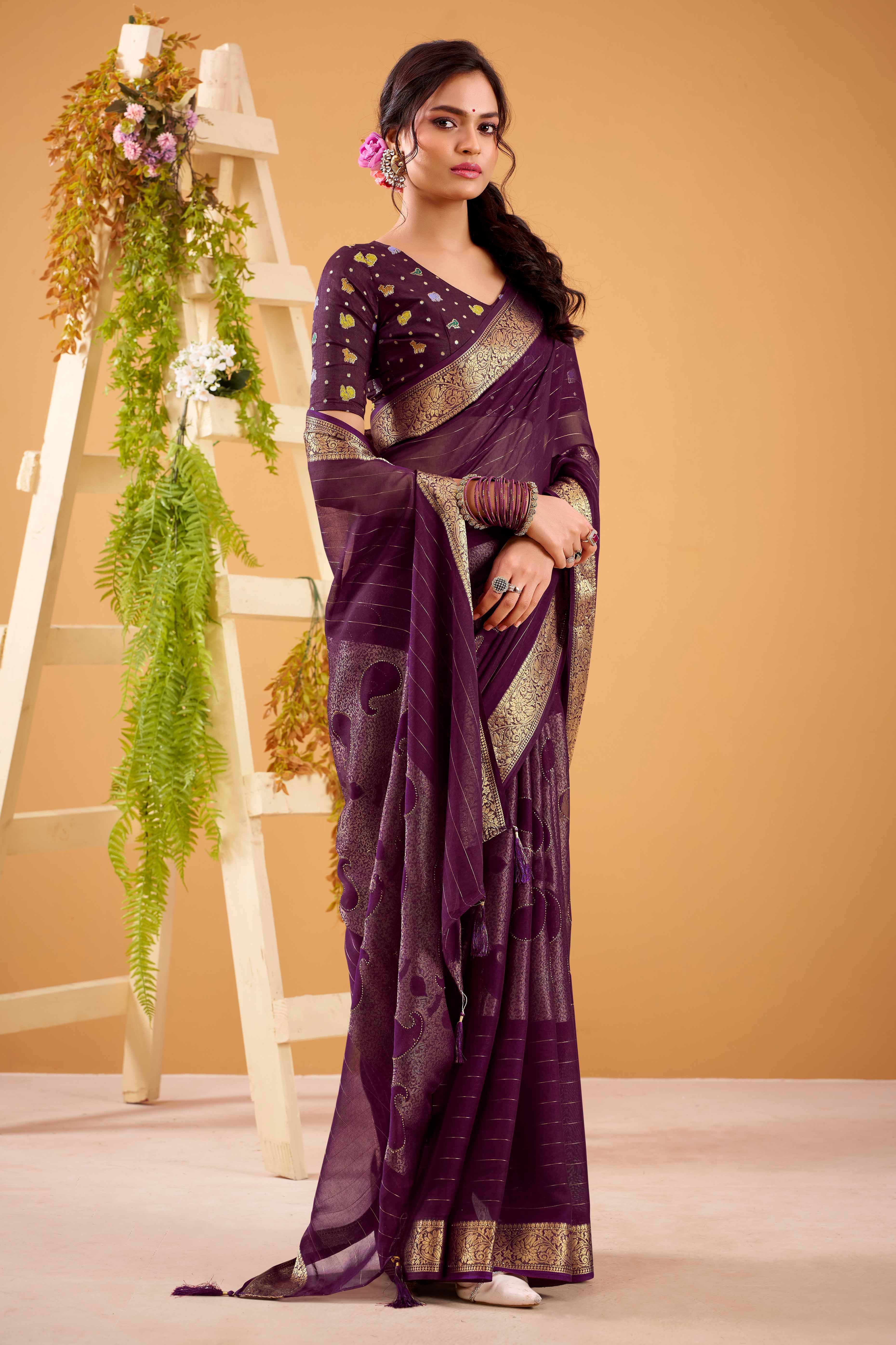 Wine Jacquard Saree Featuring Swarovski Embellishments With Rich Paisley & Floral Weave