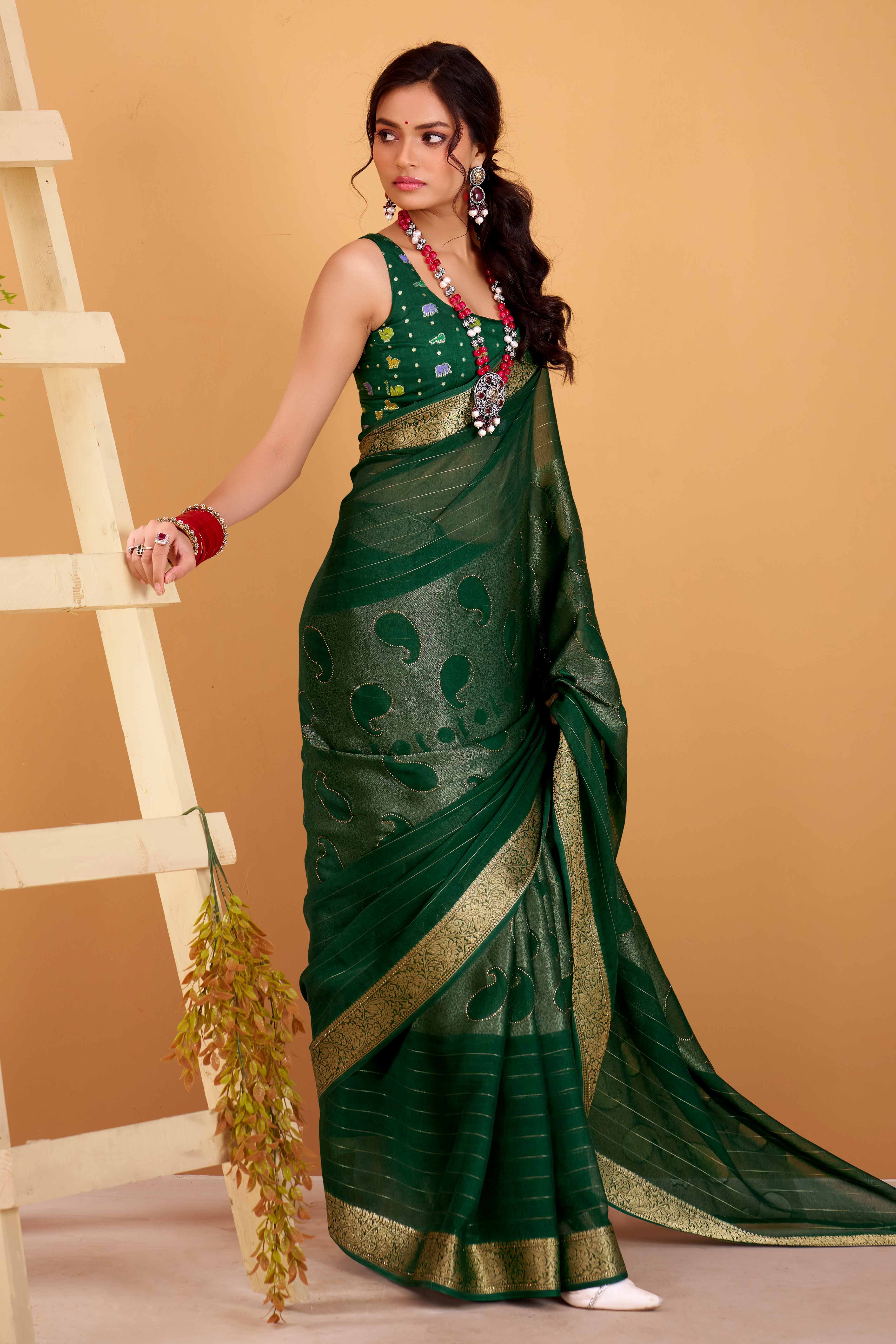 Green Jacquard Saree Featuring Swarovski Embellishments With Rich Paisley & Floral Weave