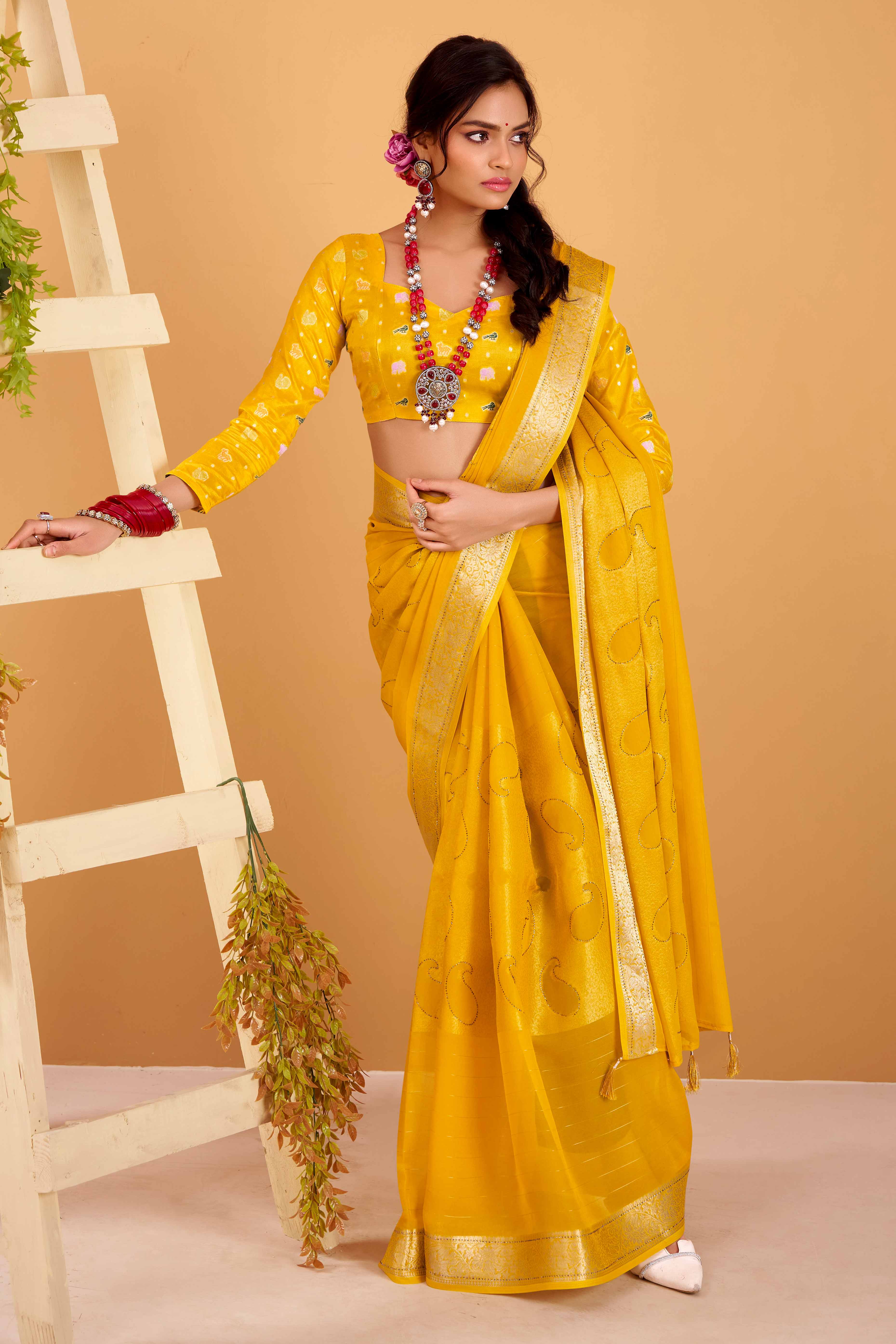 Yellow Jacquard Saree Featuring Swarovski Embellishments With Rich Paisley & Floral Weave
