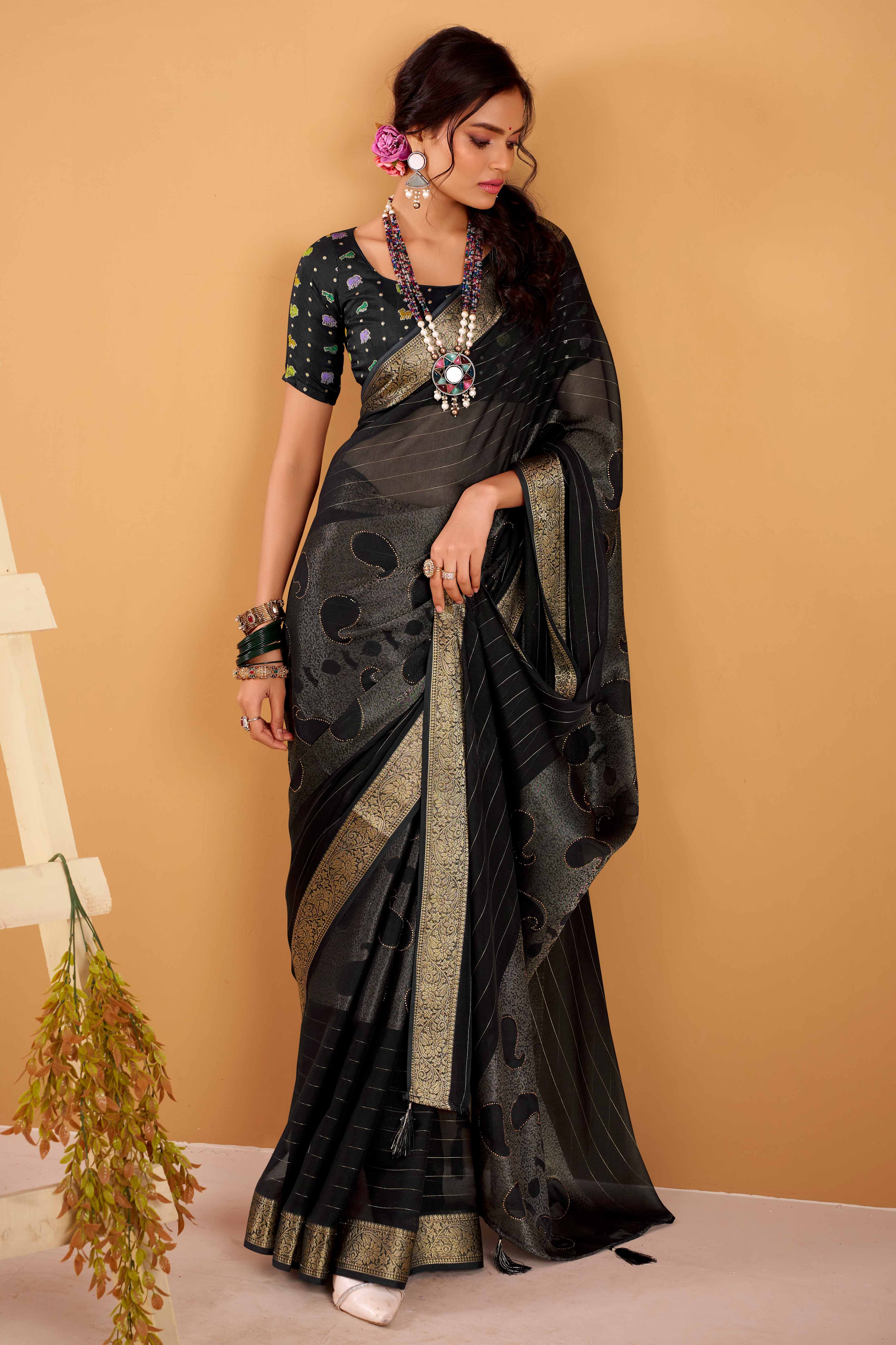 Black Jacquard Saree Featuring Swarovski Embellishments With Rich Paisley & Floral Weave