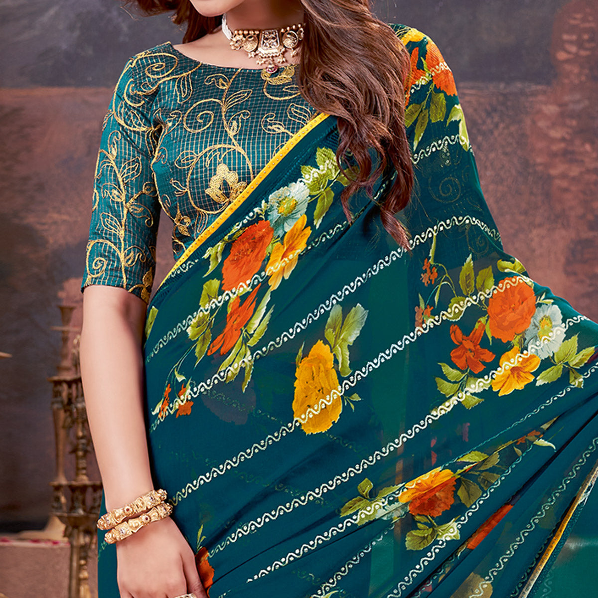 Teal Floral Foil Printed Georgette Saree