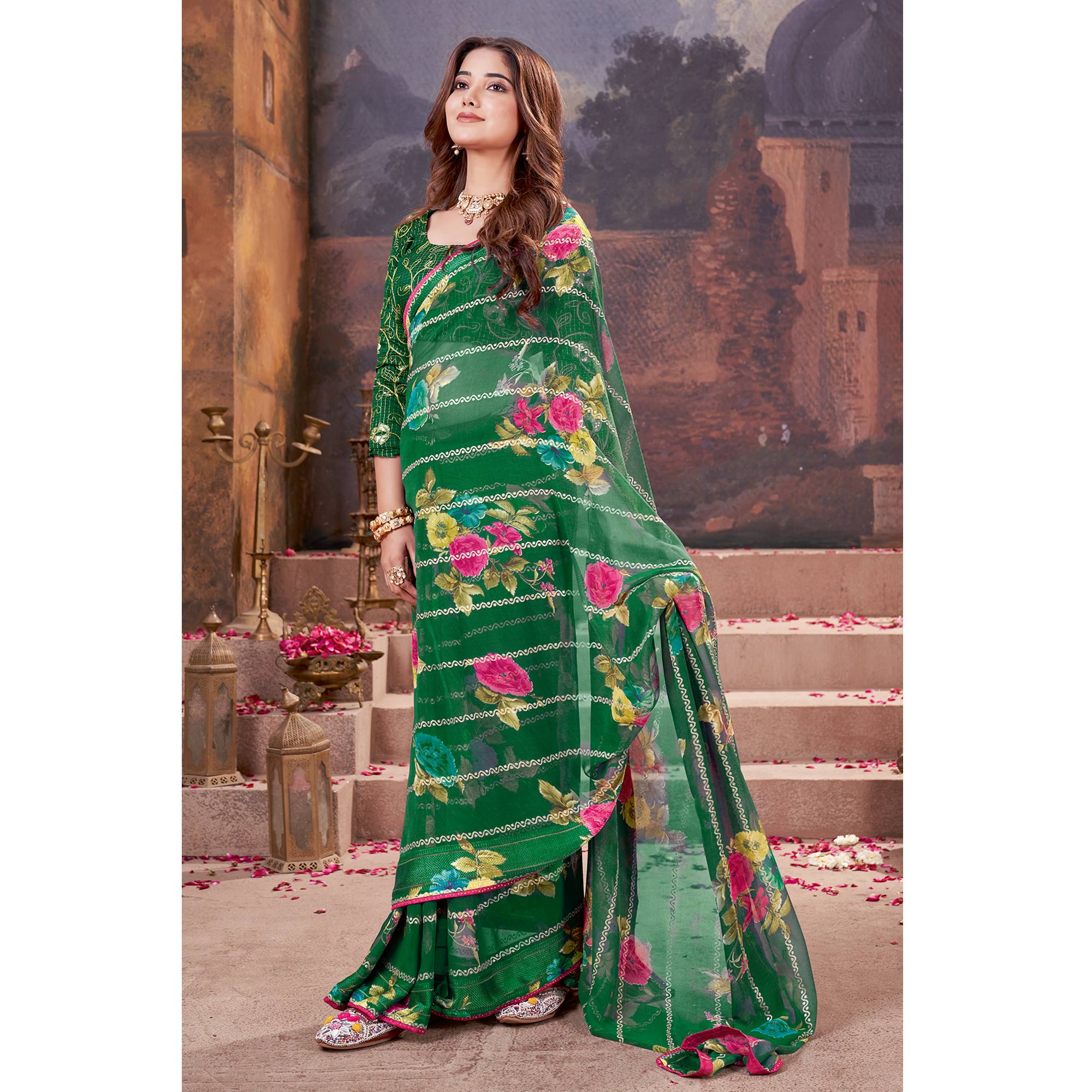 Green Floral Foil Printed Georgette Saree