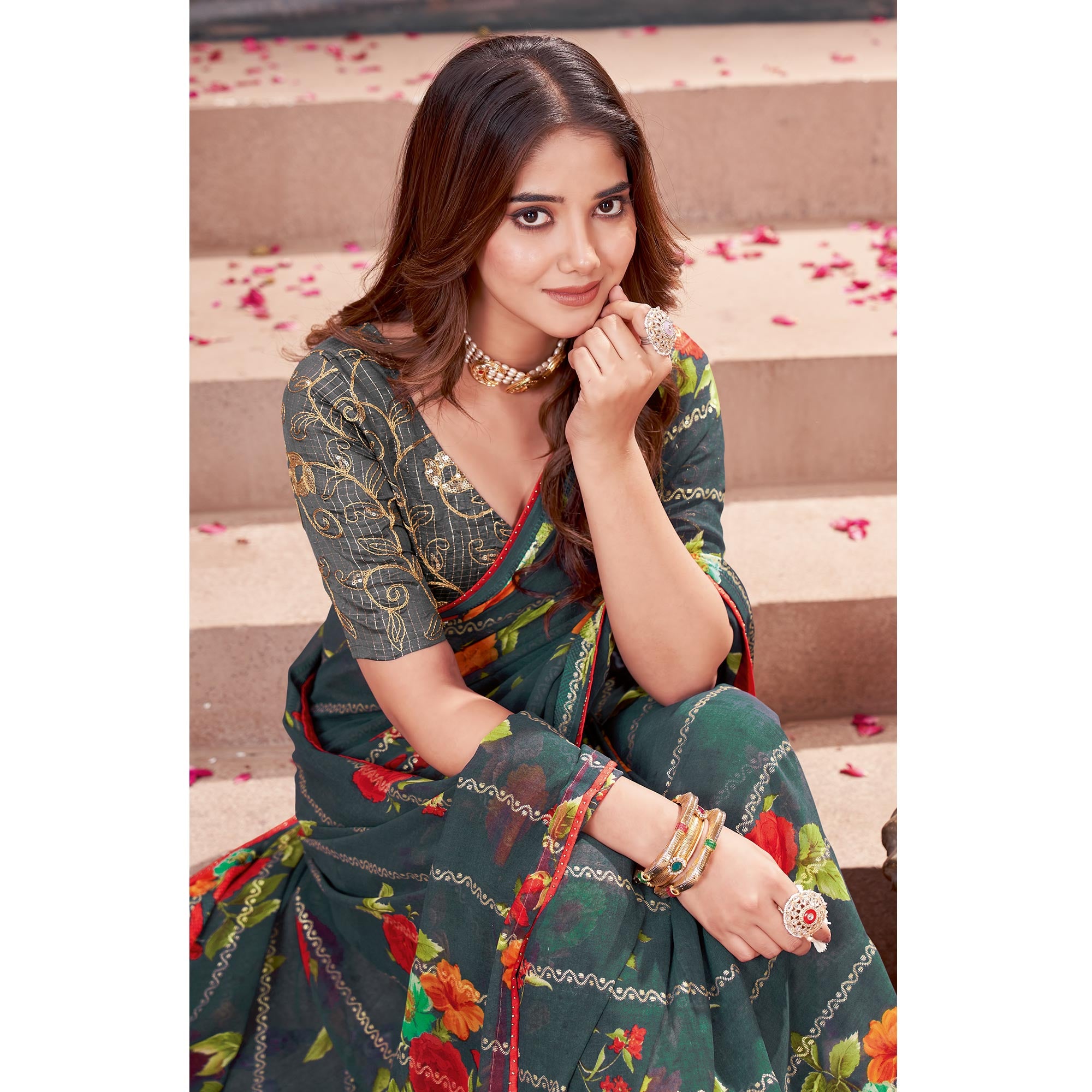 Grey Floral Foil Printed Georgette Saree