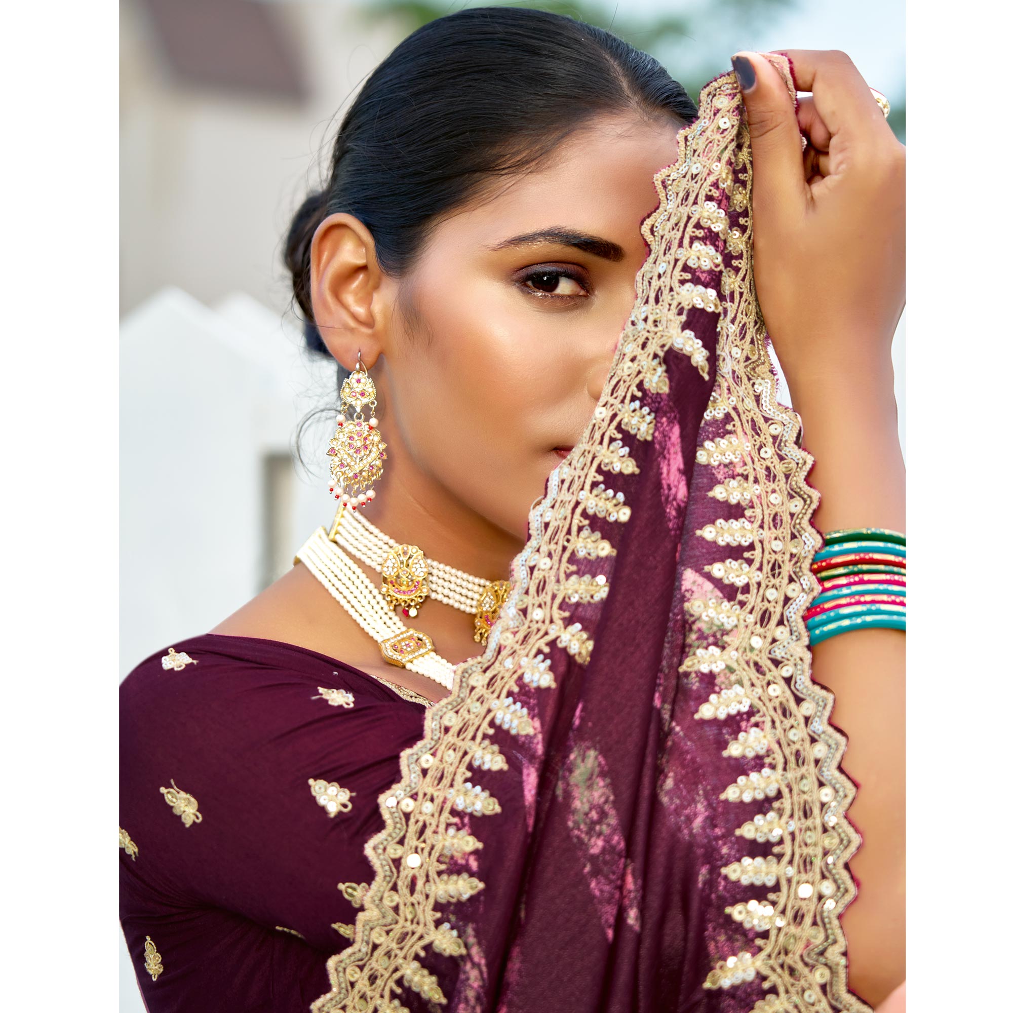 Wine Printed Chiffon Saree With Sequins Border