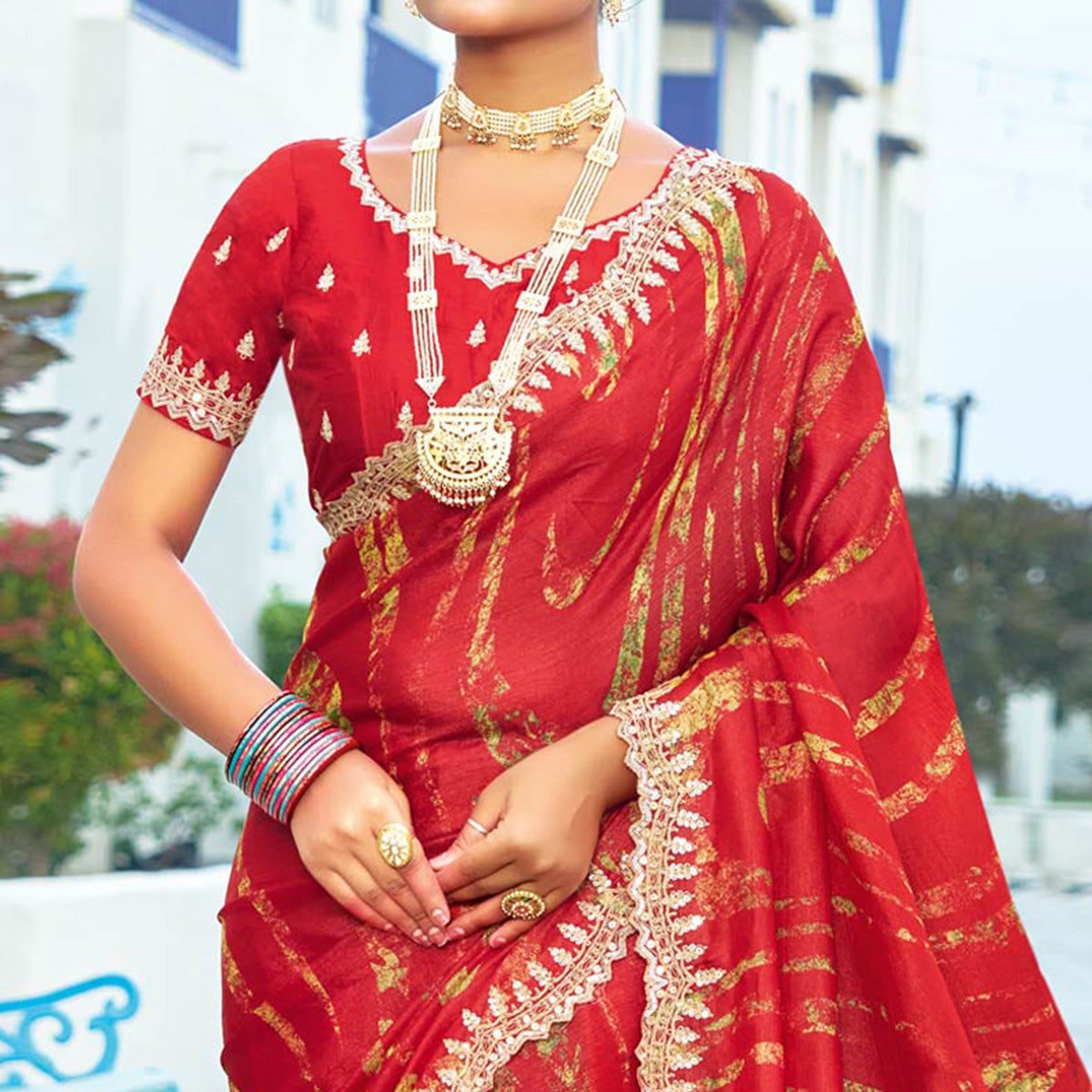 Red Printed Chiffon Saree With Sequins Border