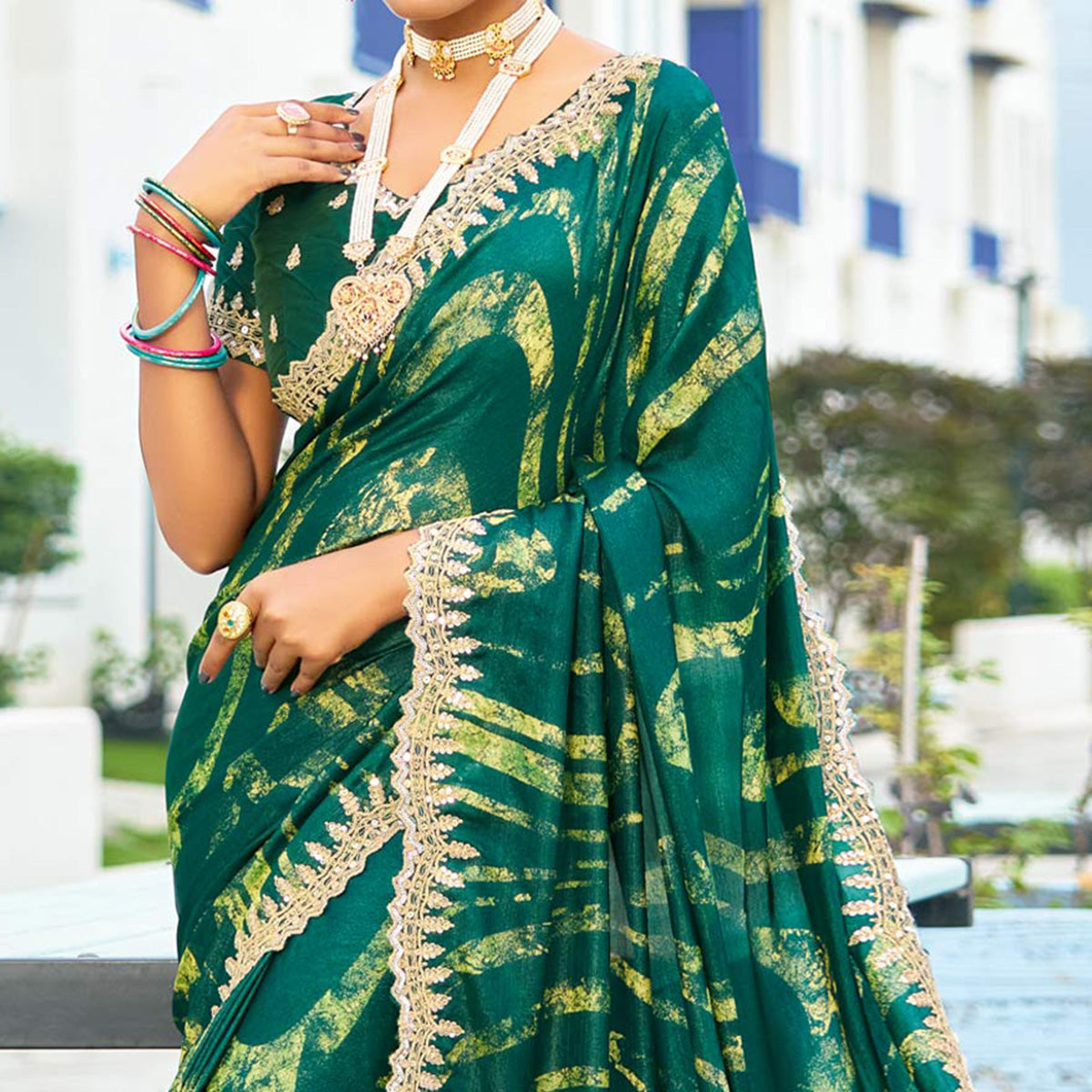 Green Printed Chiffon Saree With Sequins Border