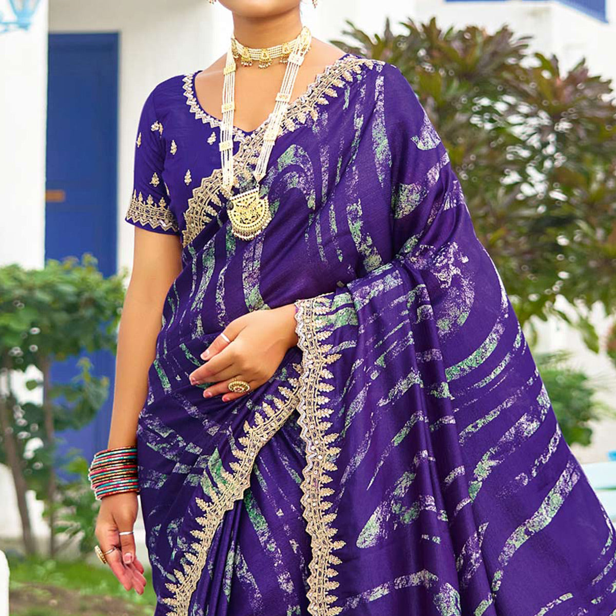 Violet Printed Chiffon Saree With Sequins Border