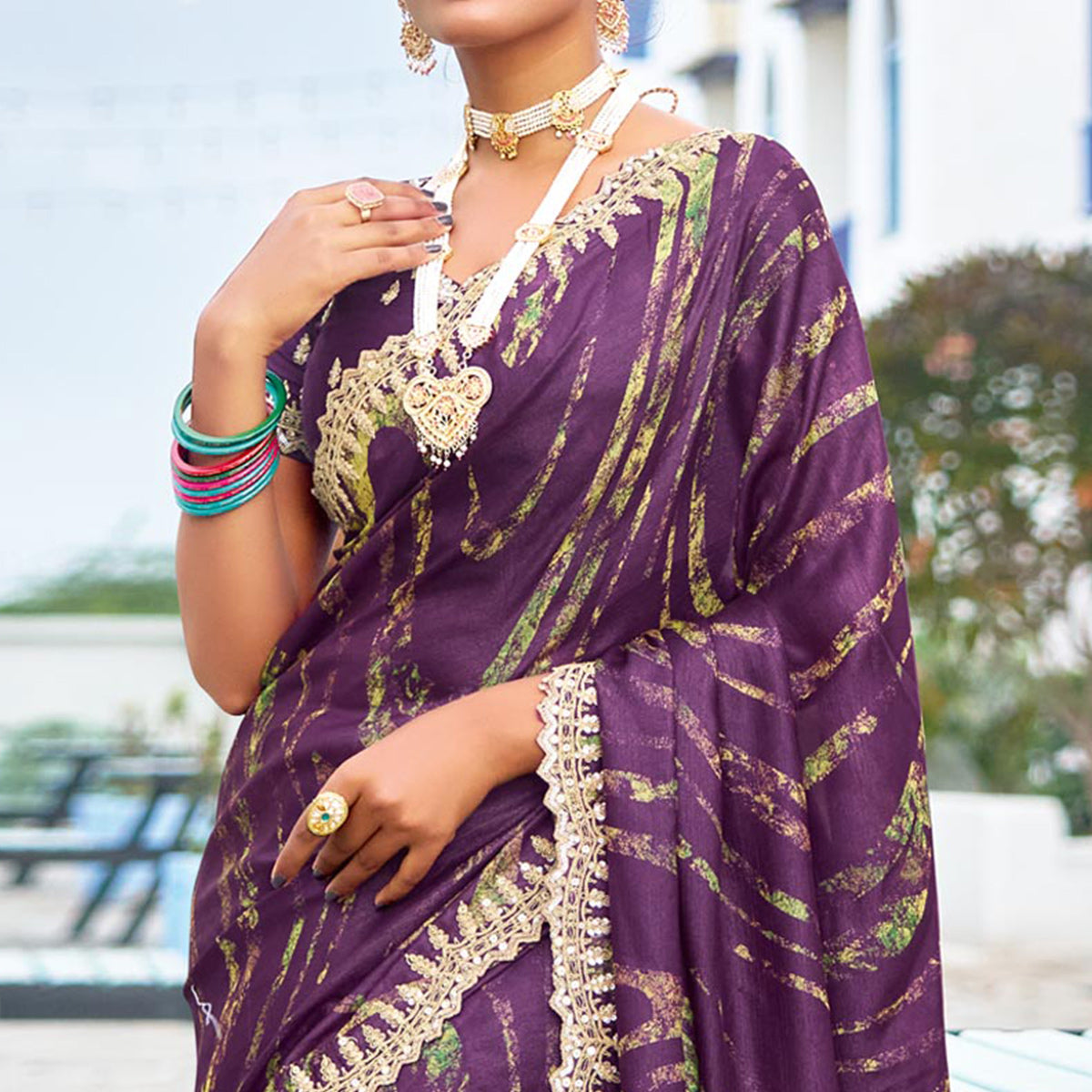 Light Wine Printed Chiffon Saree With Sequins Border