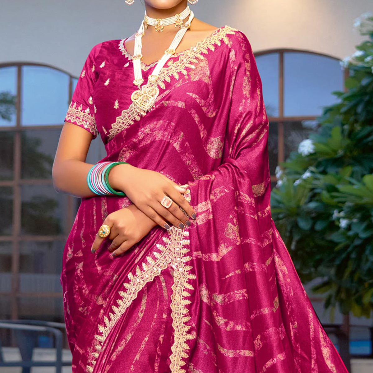 Magenta Printed Chiffon Saree With Sequins Border