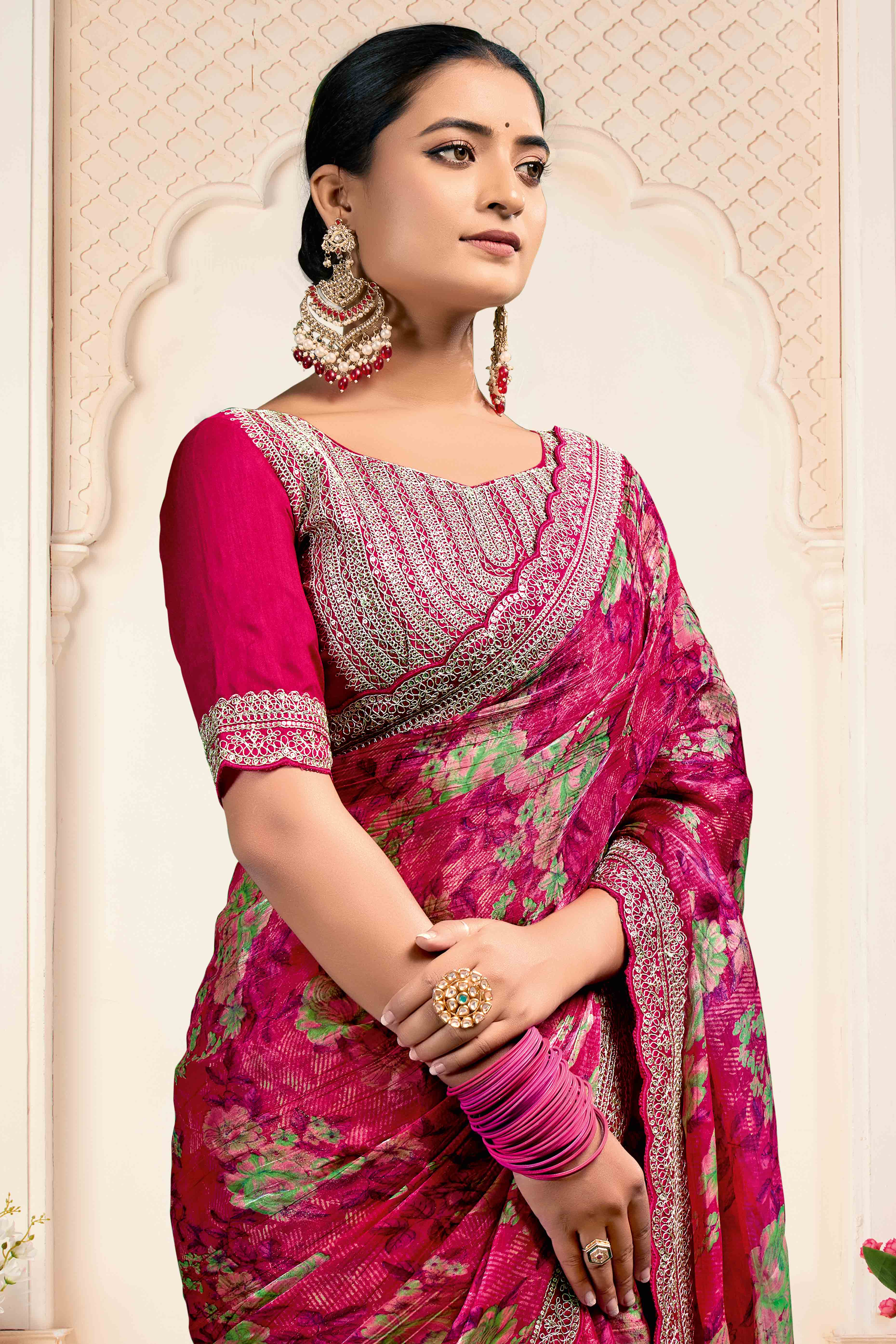Pink Floral Printed Jimmy Choo Chiffon Saree With Embroidery On Border