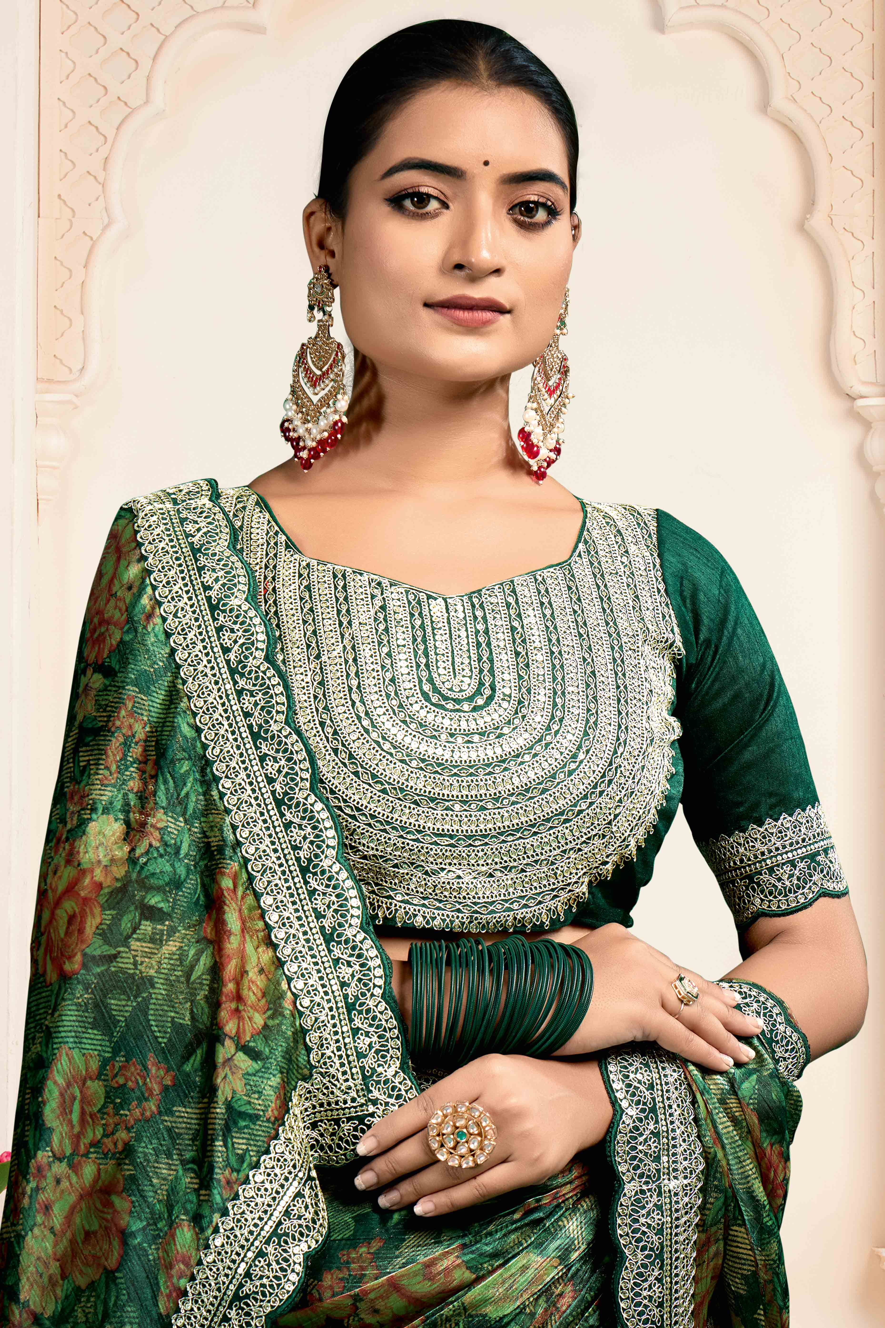 Green Floral Printed Jimmy Choo Chiffon Saree With Embroidery On Border