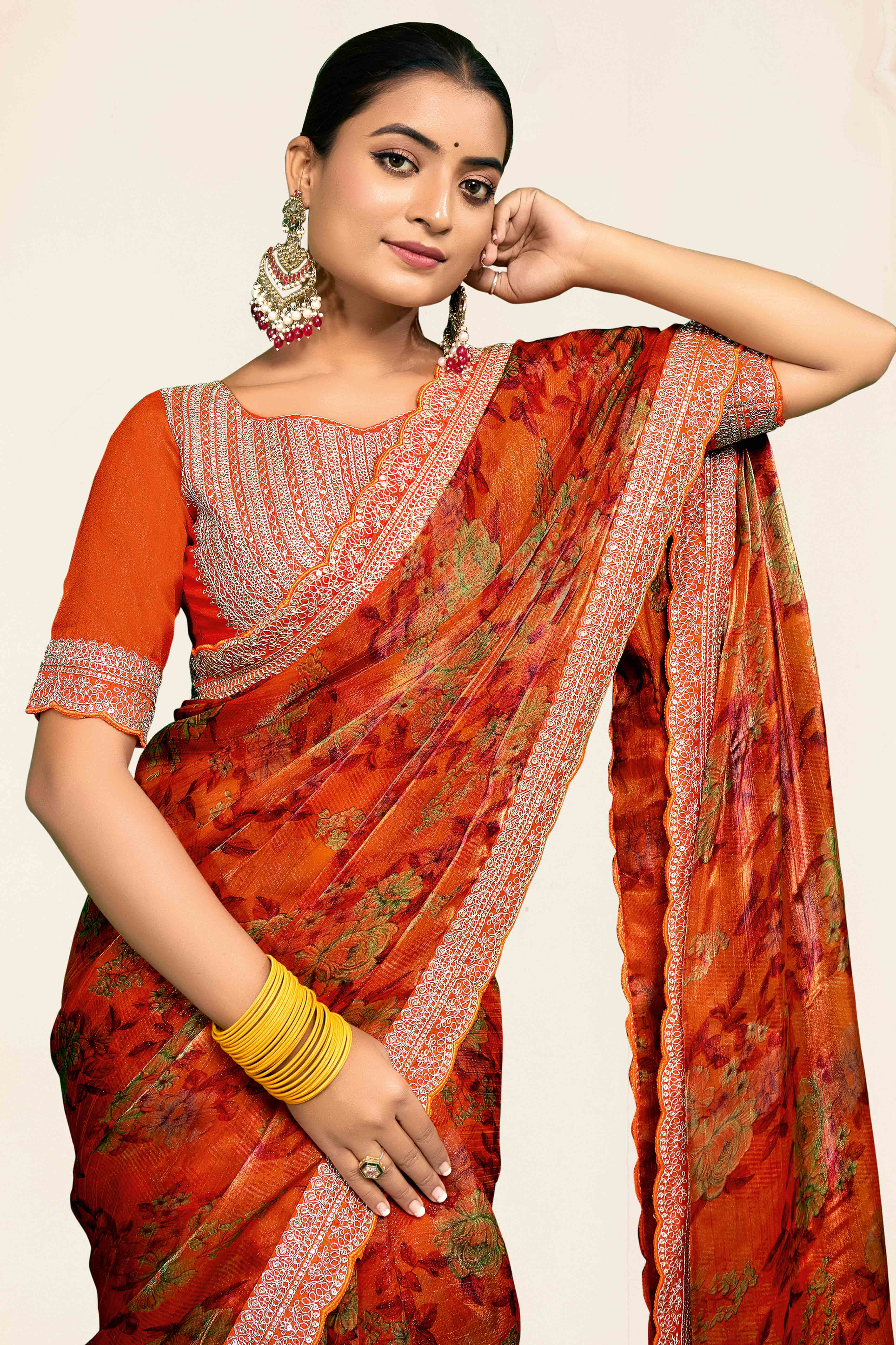 Rust Floral Printed Jimmy Choo Chiffon Saree With Embroidery On Border