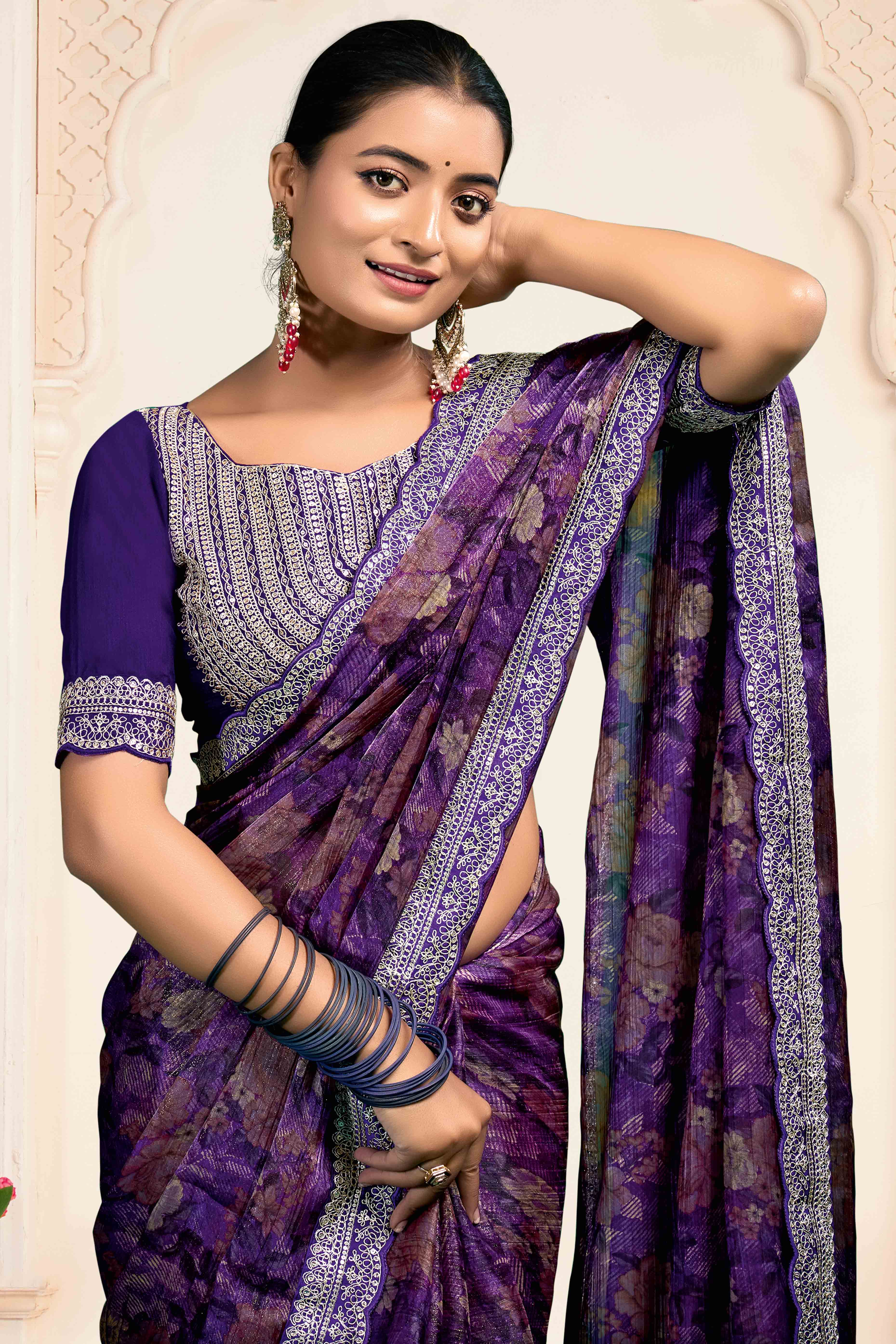 Purple Floral Printed Jimmy Choo Chiffon Saree With Embroidery On Border