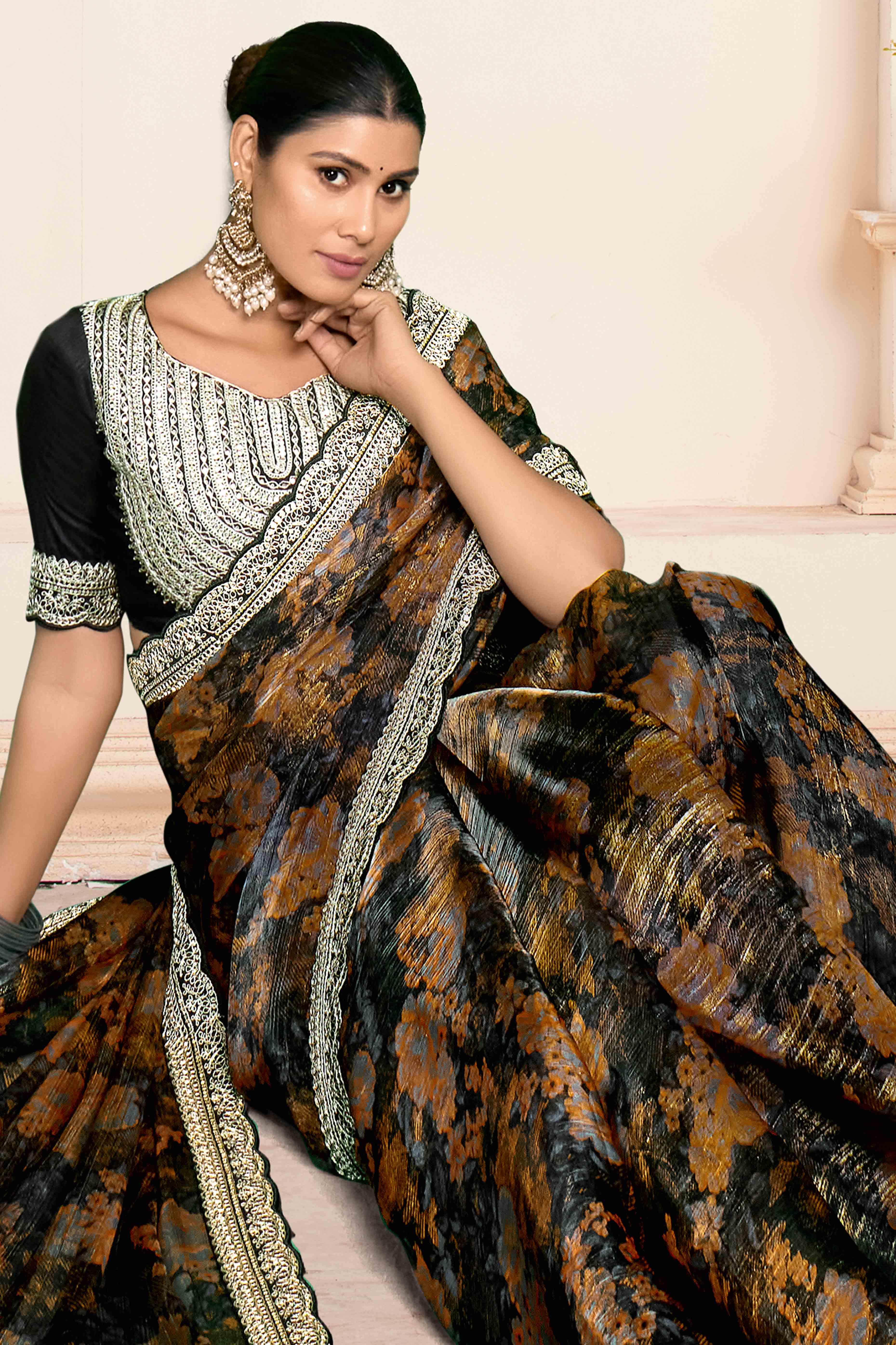 Black Floral Printed Jimmy Choo Chiffon Saree With Embroidery On Border