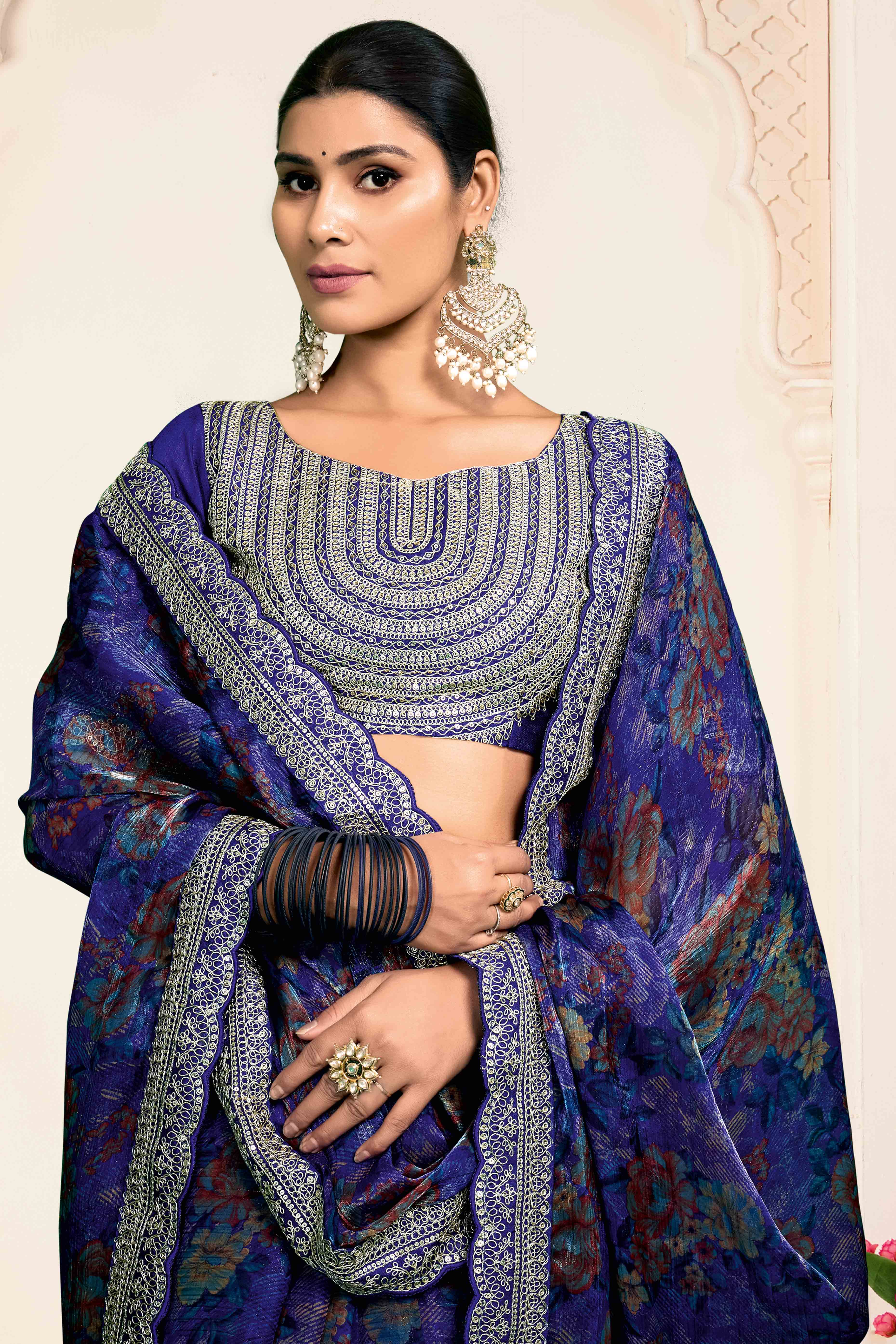 Blue Floral Printed Jimmy Choo Chiffon Saree With Embroidery On Border