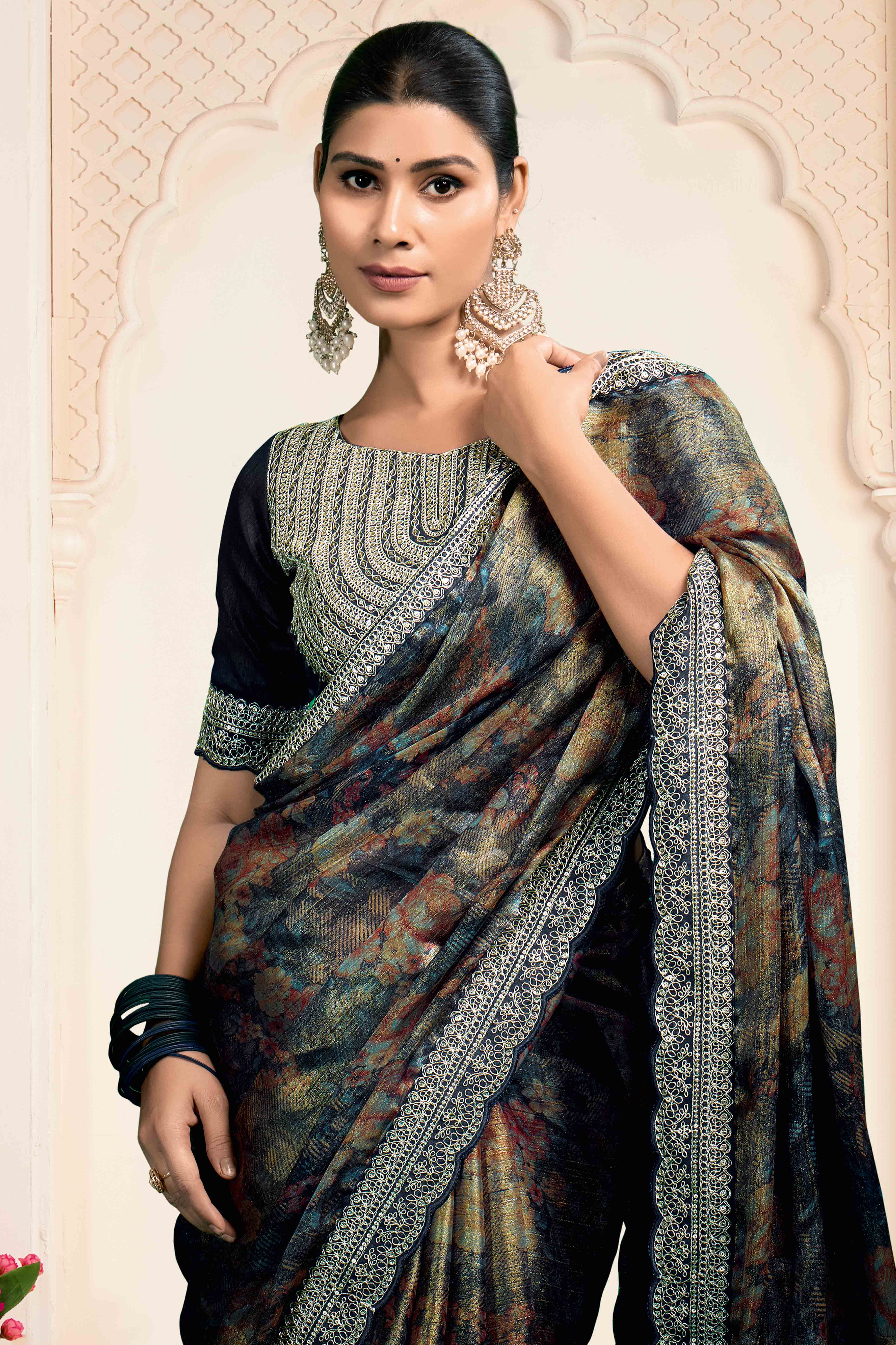 Dark Olive Floral Printed Jimmy Choo Chiffon Saree With Embroidery On Border