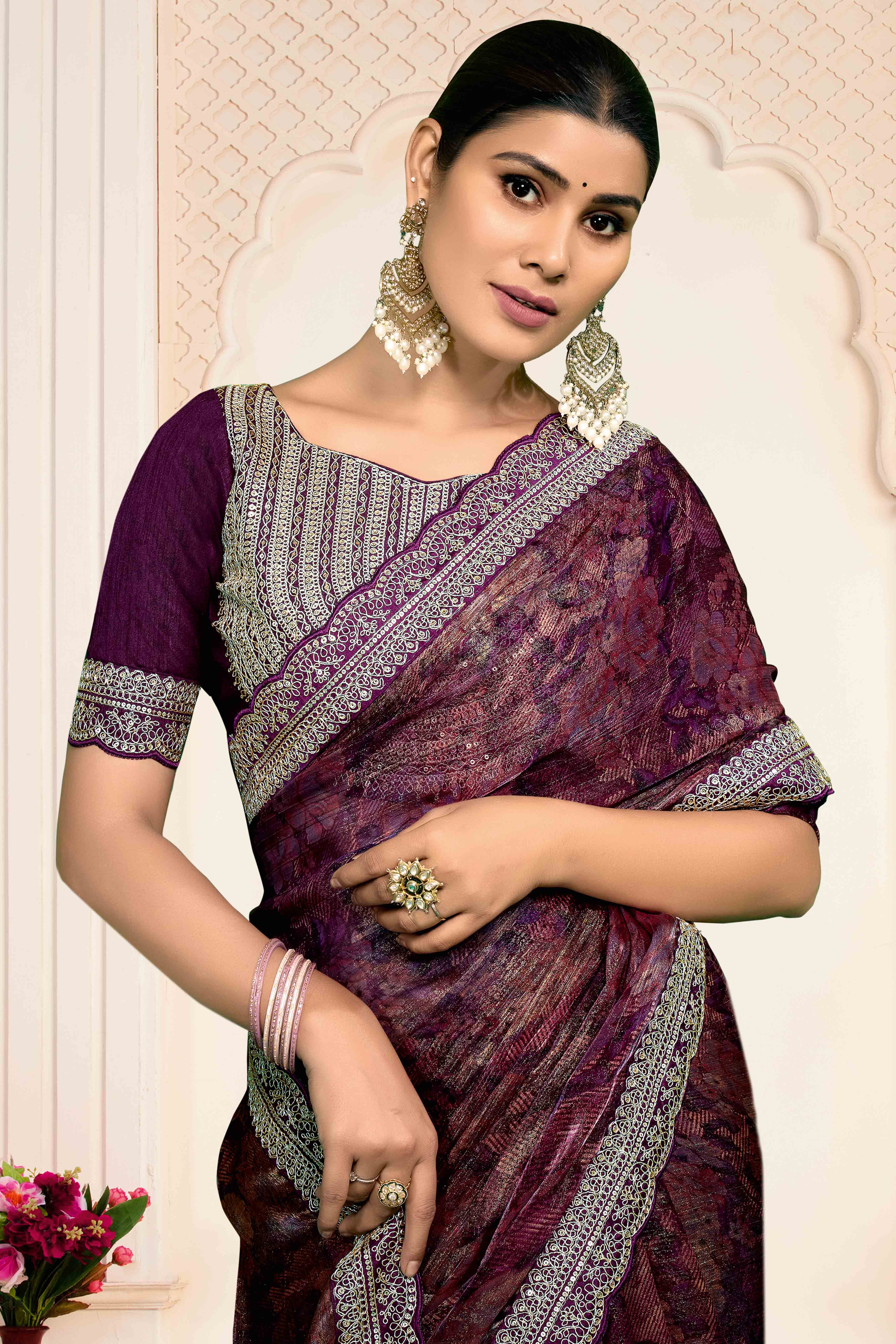 Wine Floral Printed Jimmy Choo Chiffon Saree With Embroidery On Border