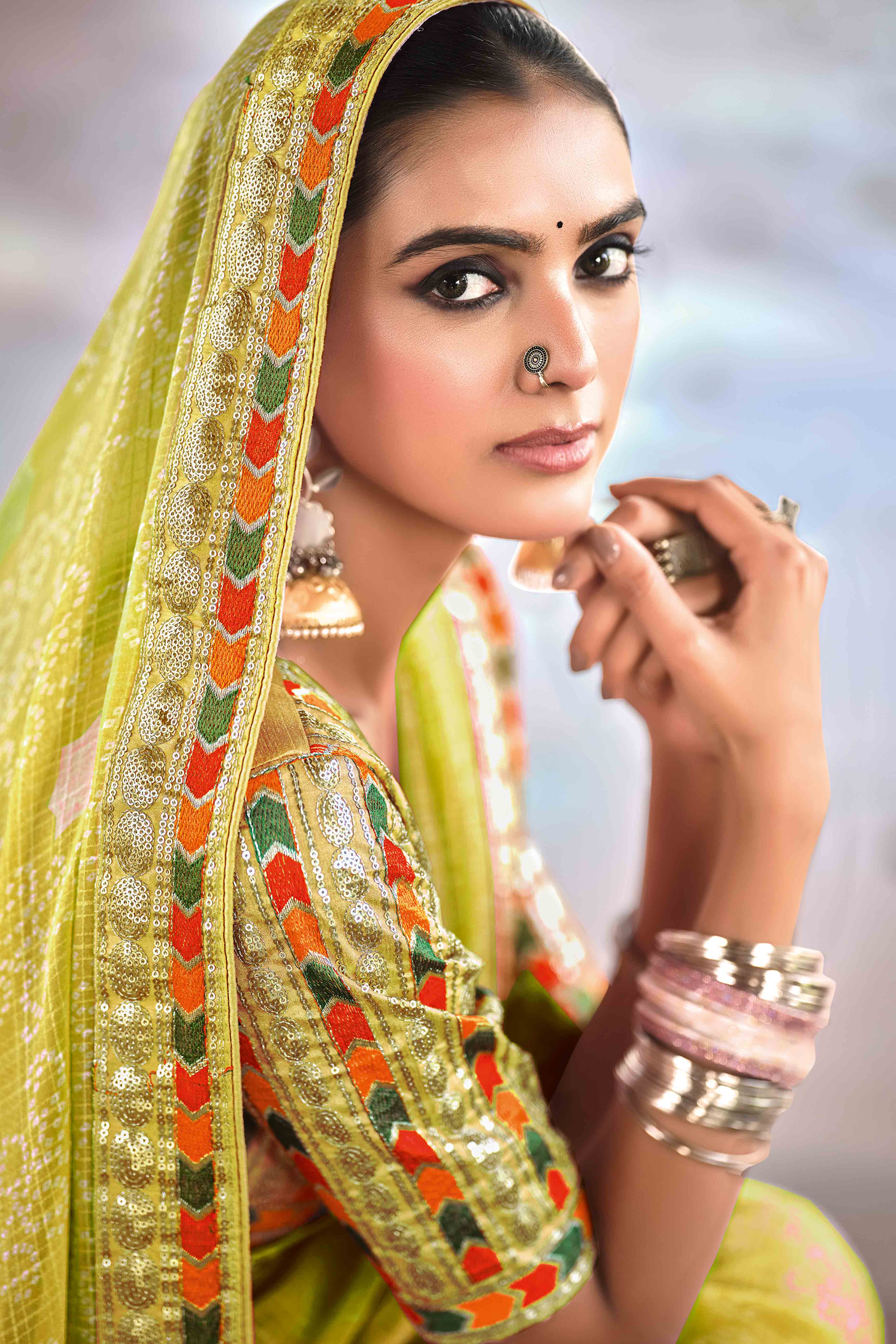 Green Bandhani Printed Georgette Saree With Glittering Sequin Embroidered Border