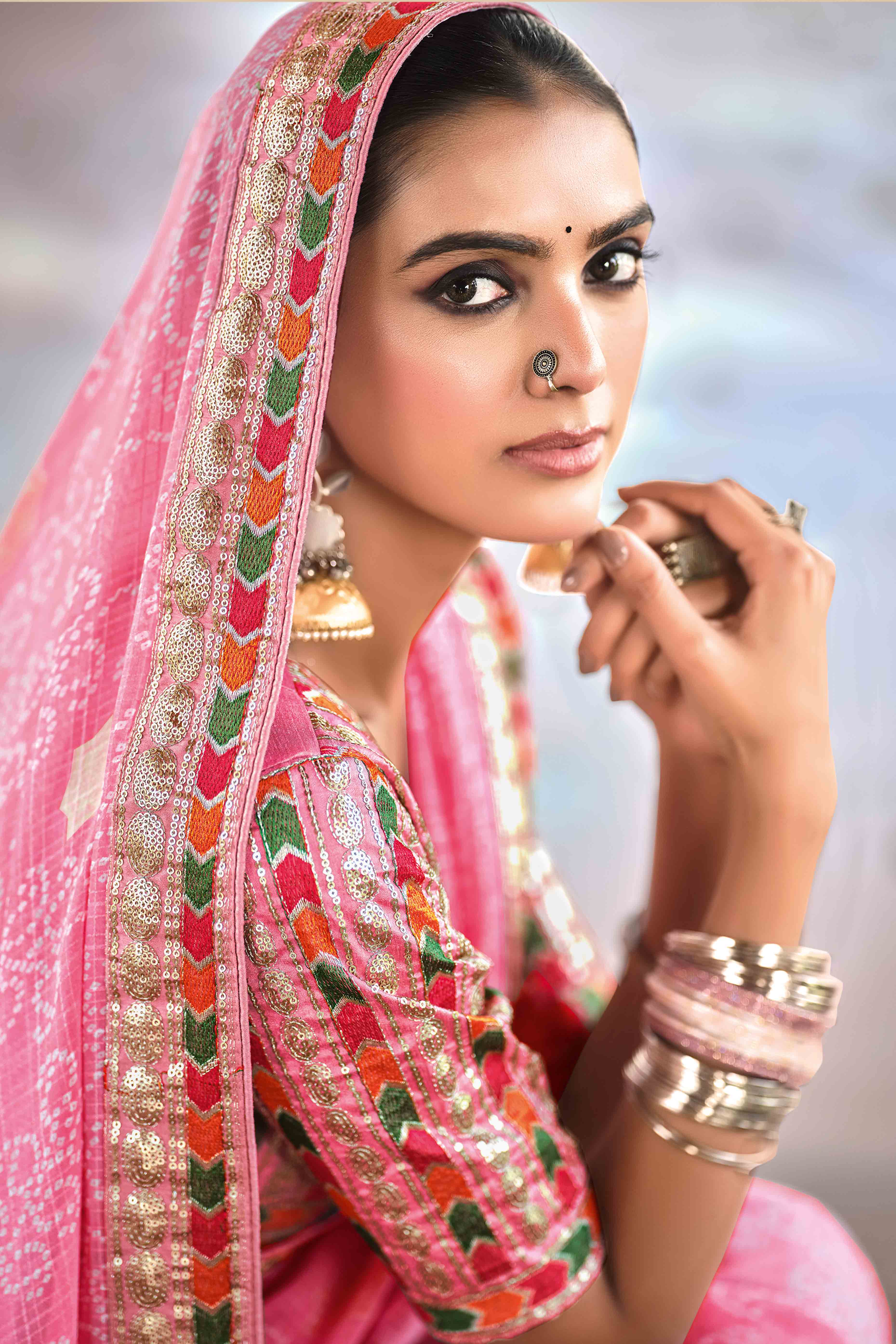 Pink Bandhani Printed Georgette Saree With Glittering Sequin Embroidered Border