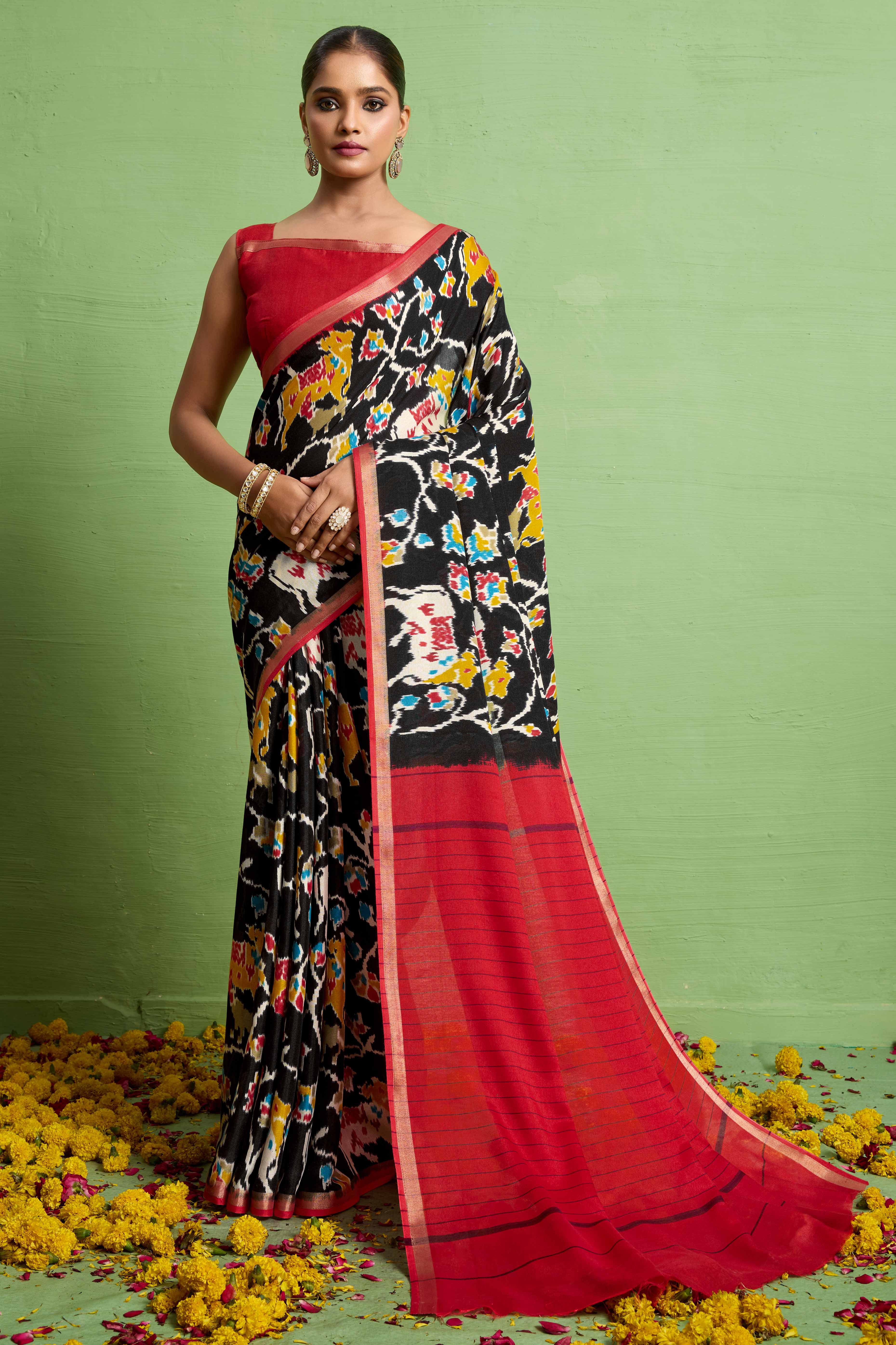 Traditional Black Silk Blend Saree with Ikkat Print & Zari Edging