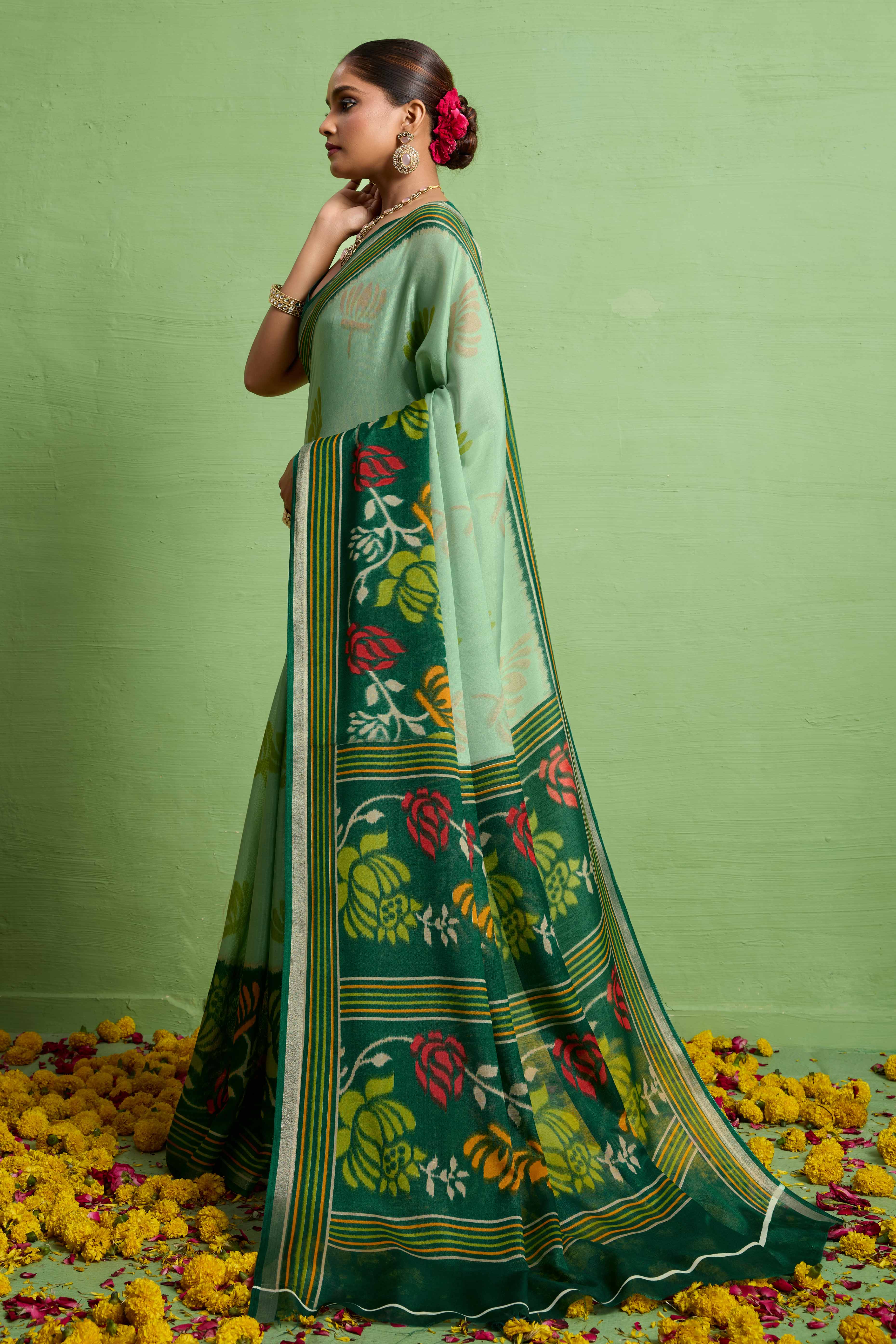 Traditional Aqua Green Silk Blend Saree with Ikkat Print & Zari Edging