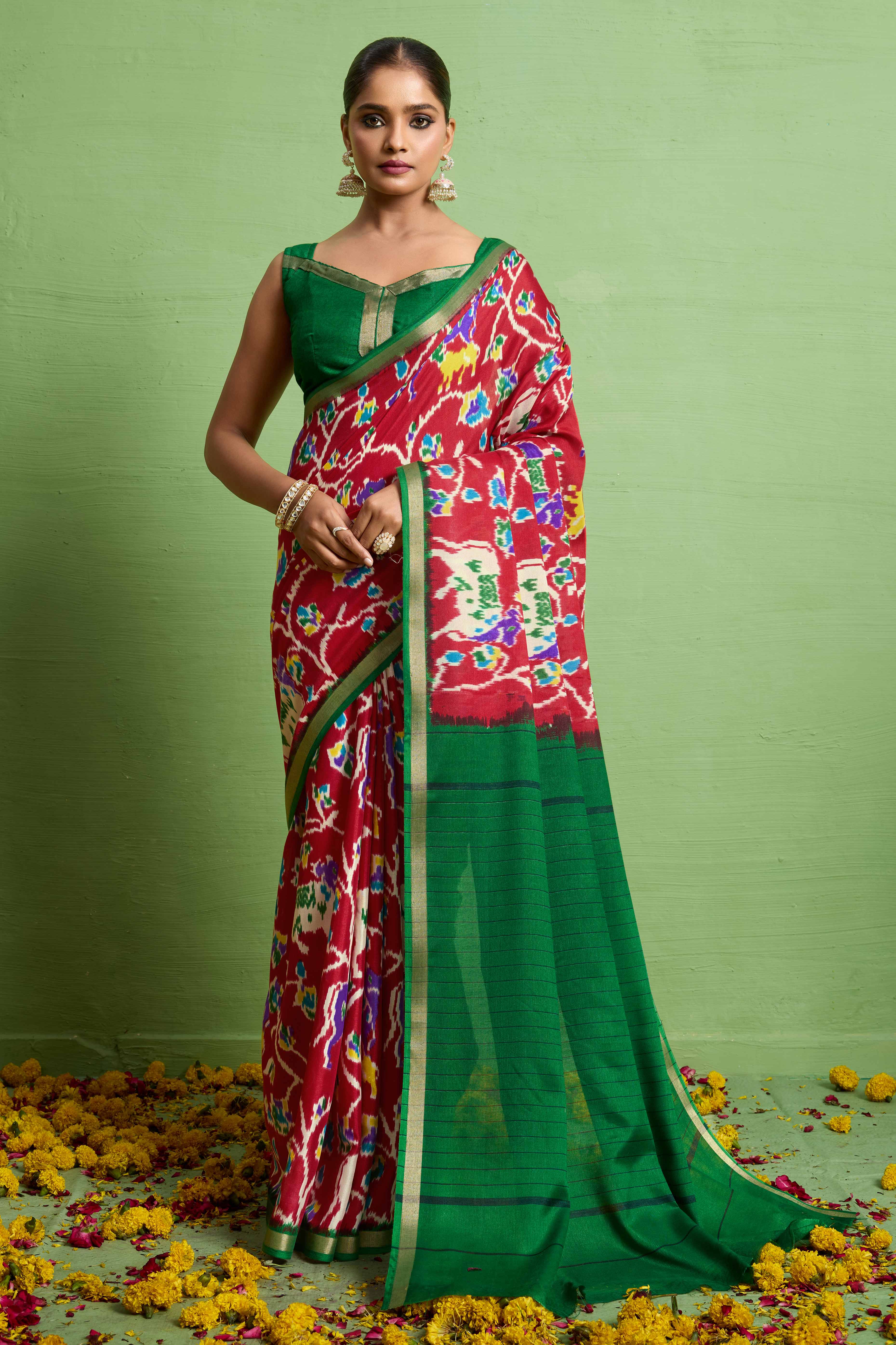 Traditional Red Silk Blend Saree with Ikkat Print & Zari Edging