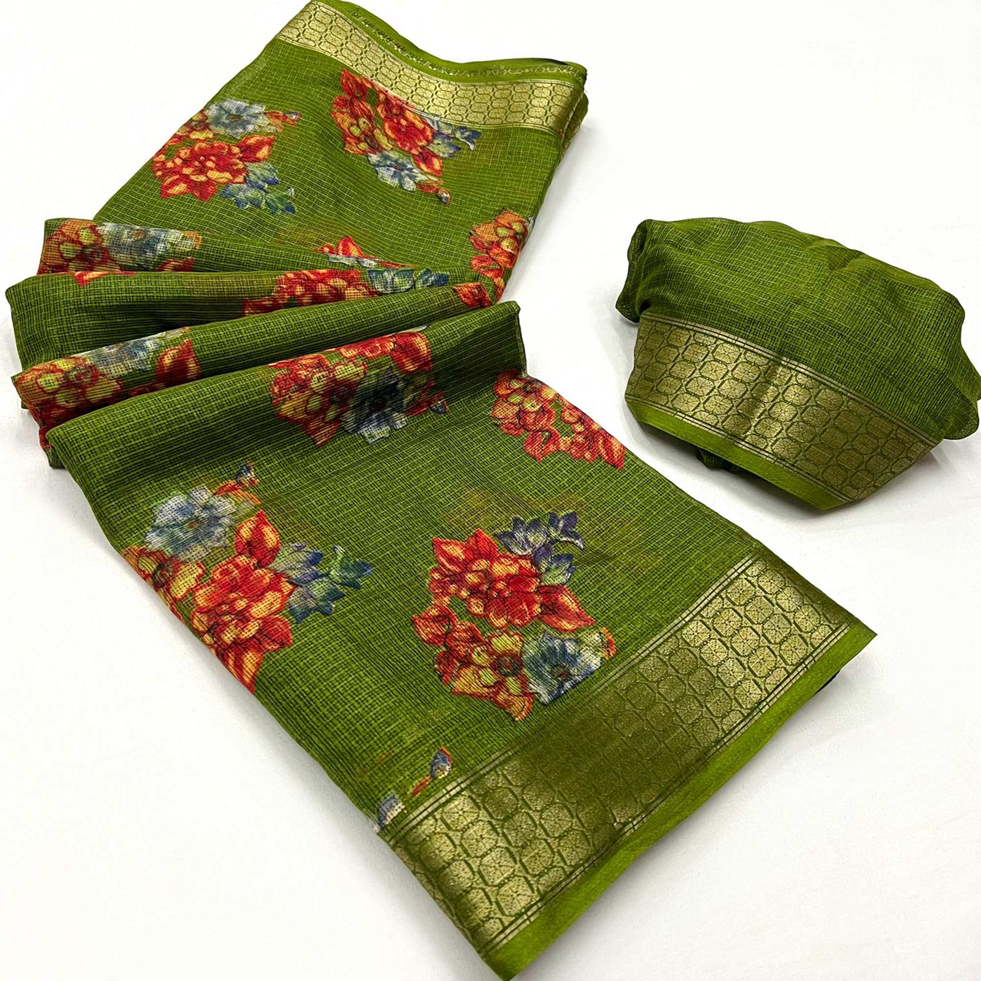 Green Floral Printed Cotton Silk Saree