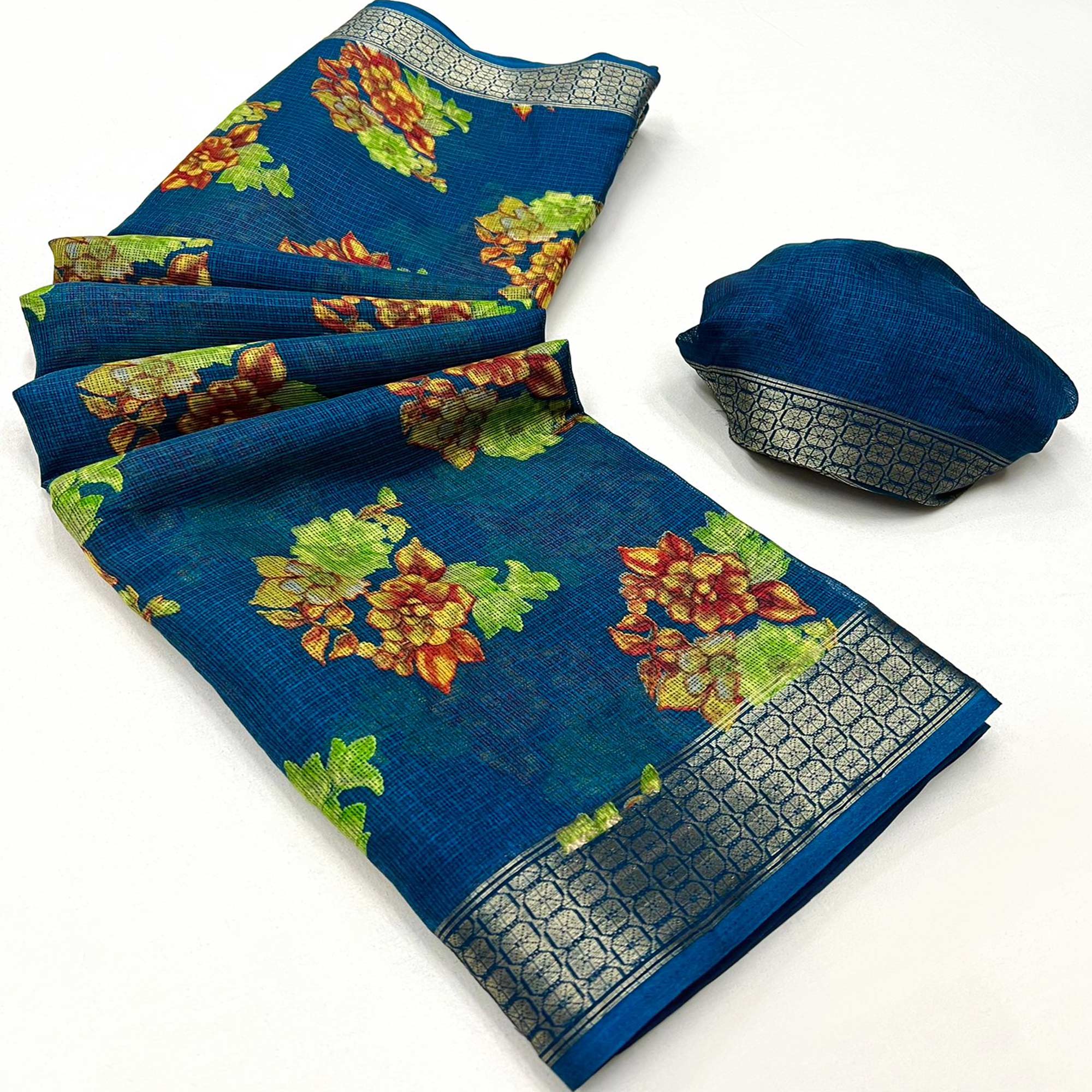 Teal Floral Printed Cotton Silk Saree