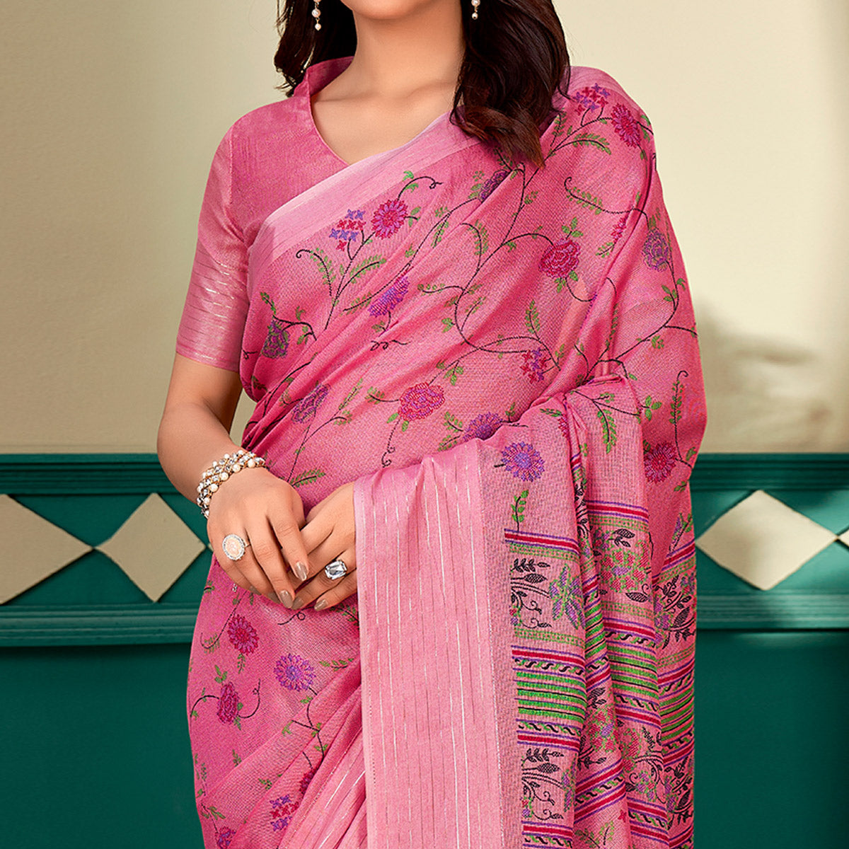 Pink Floral Printed Linen Saree