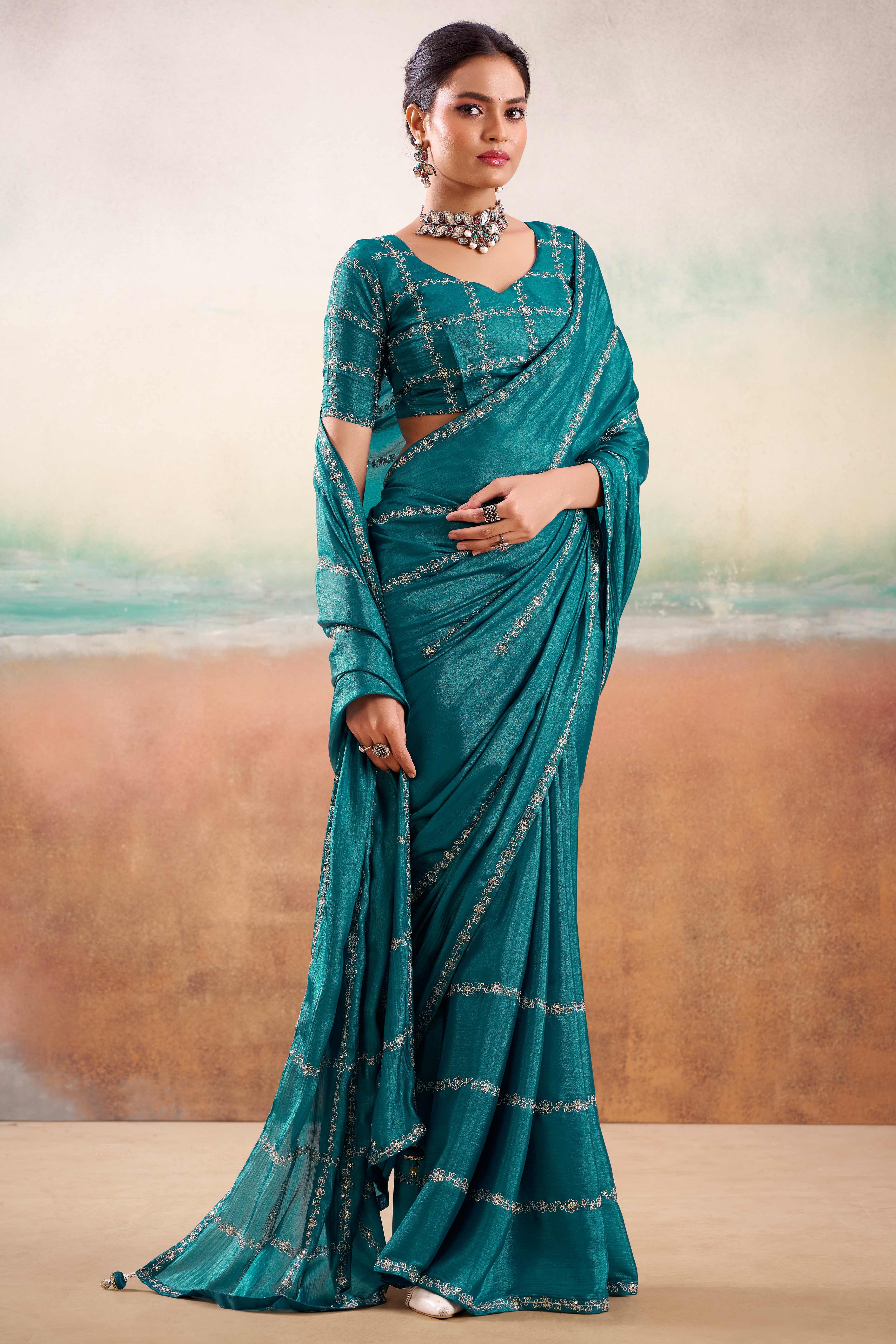 Teal Two Tone Chiffon Saree Adorned With Floral Cording Embroidery & Sequins Work