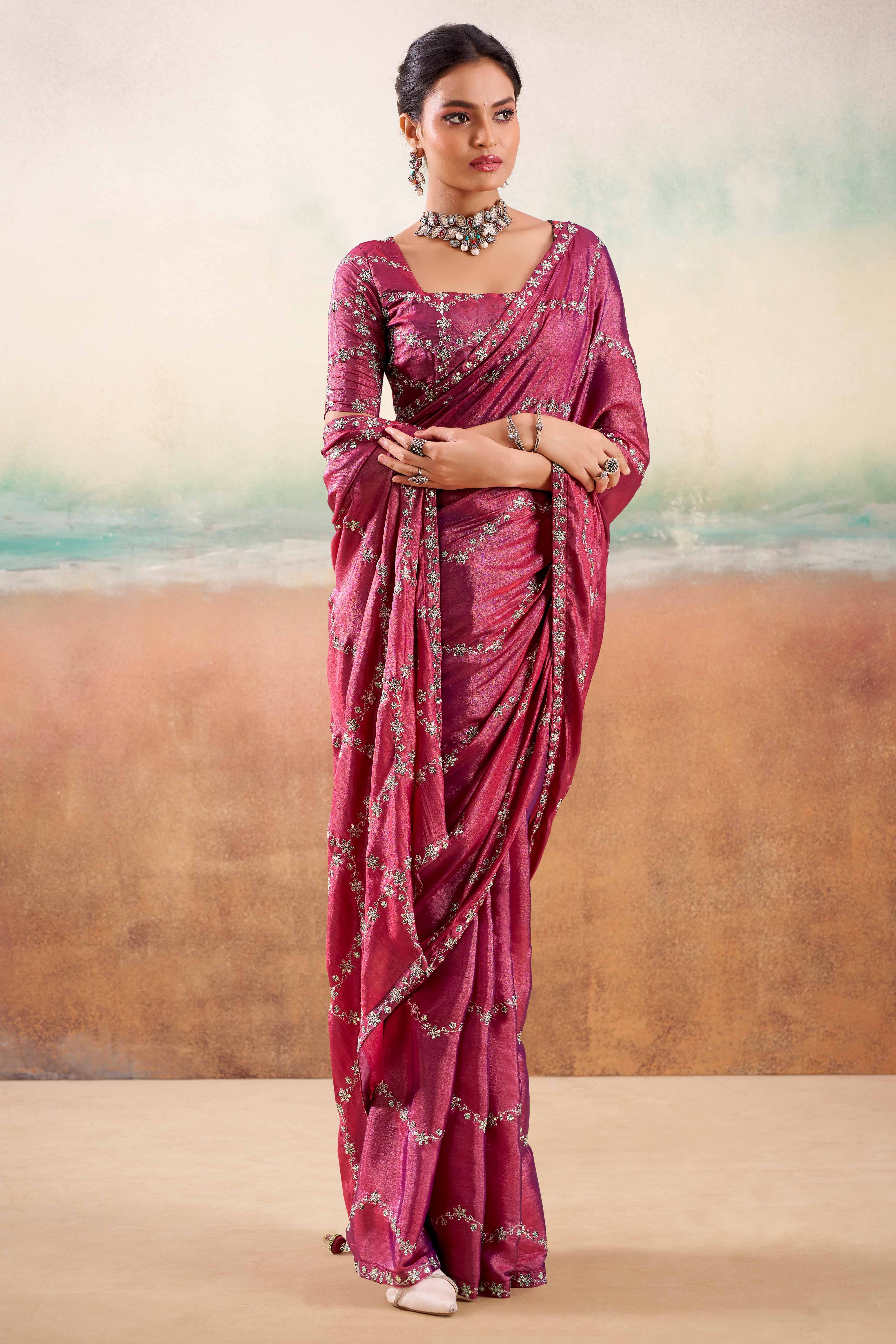 Magenta Pink Two Tone Chiffon Saree Adorned With Floral Cording Embroidery & Sequins Work