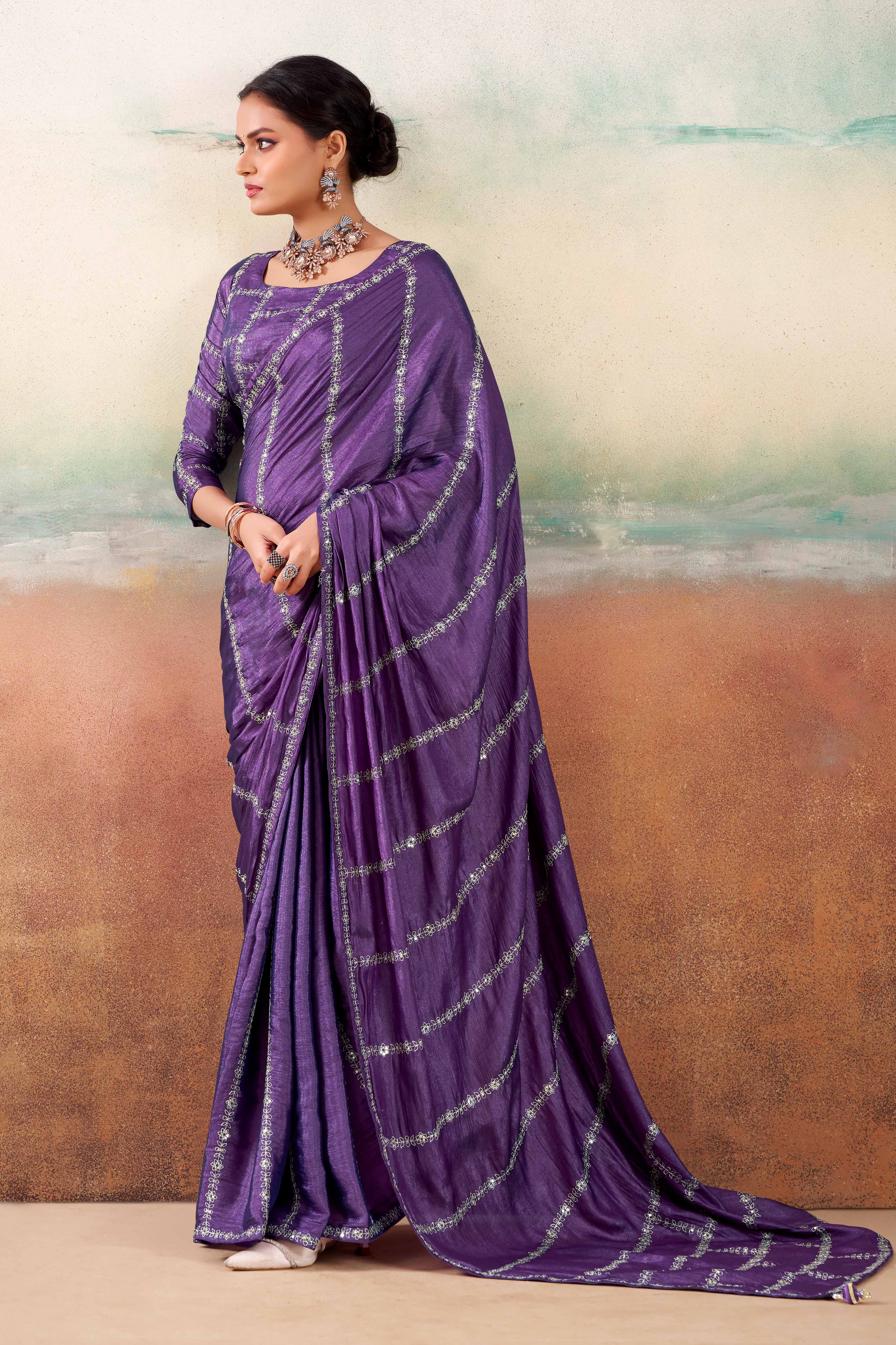 Royal Purple Two Tone Chiffon Saree Adorned With Floral Cording Embroidery & Sequins Work