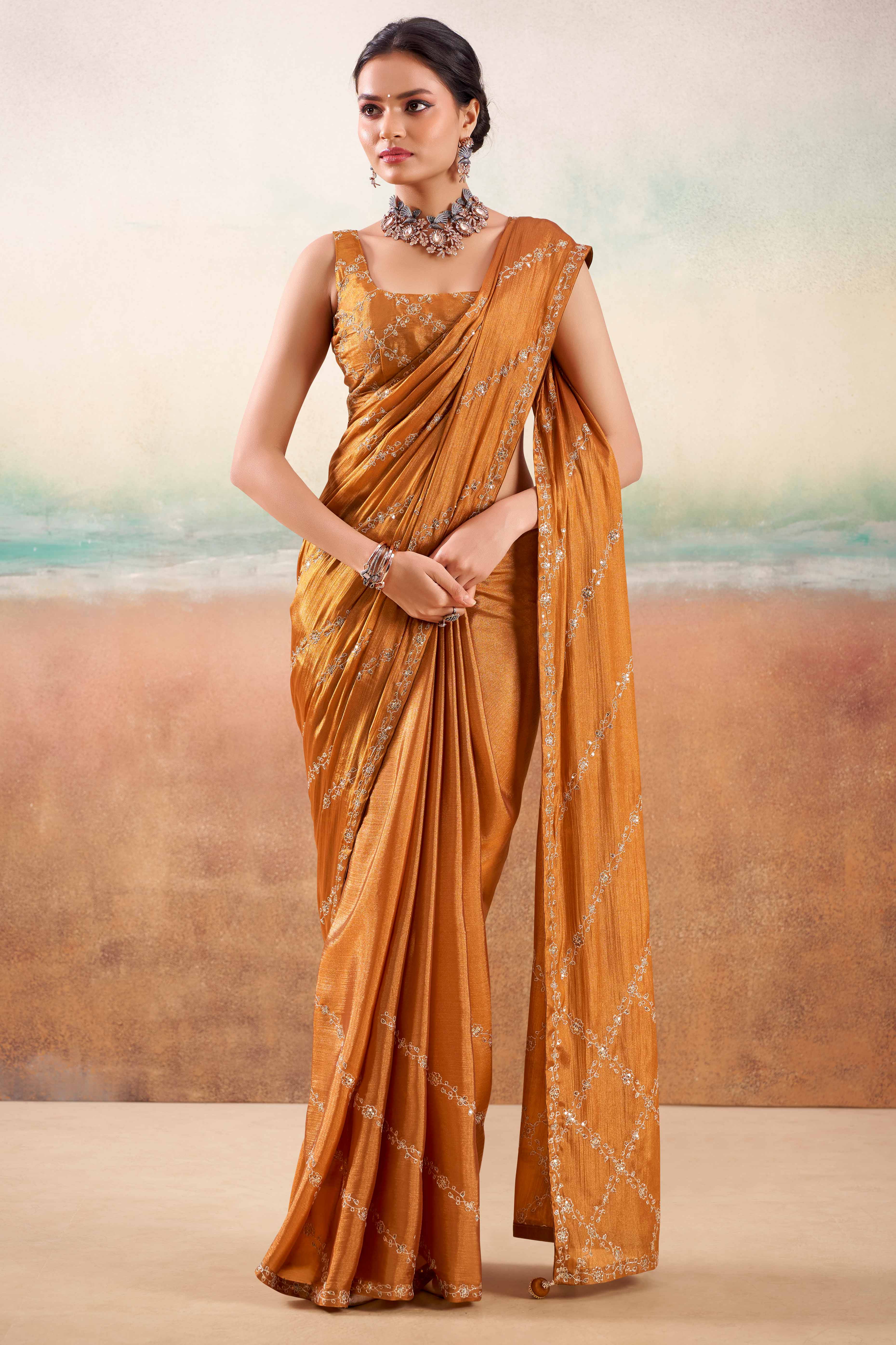 Burnt Orange Two Tone Chiffon Saree Adorned With Floral Cording Embroidery & Sequins Work