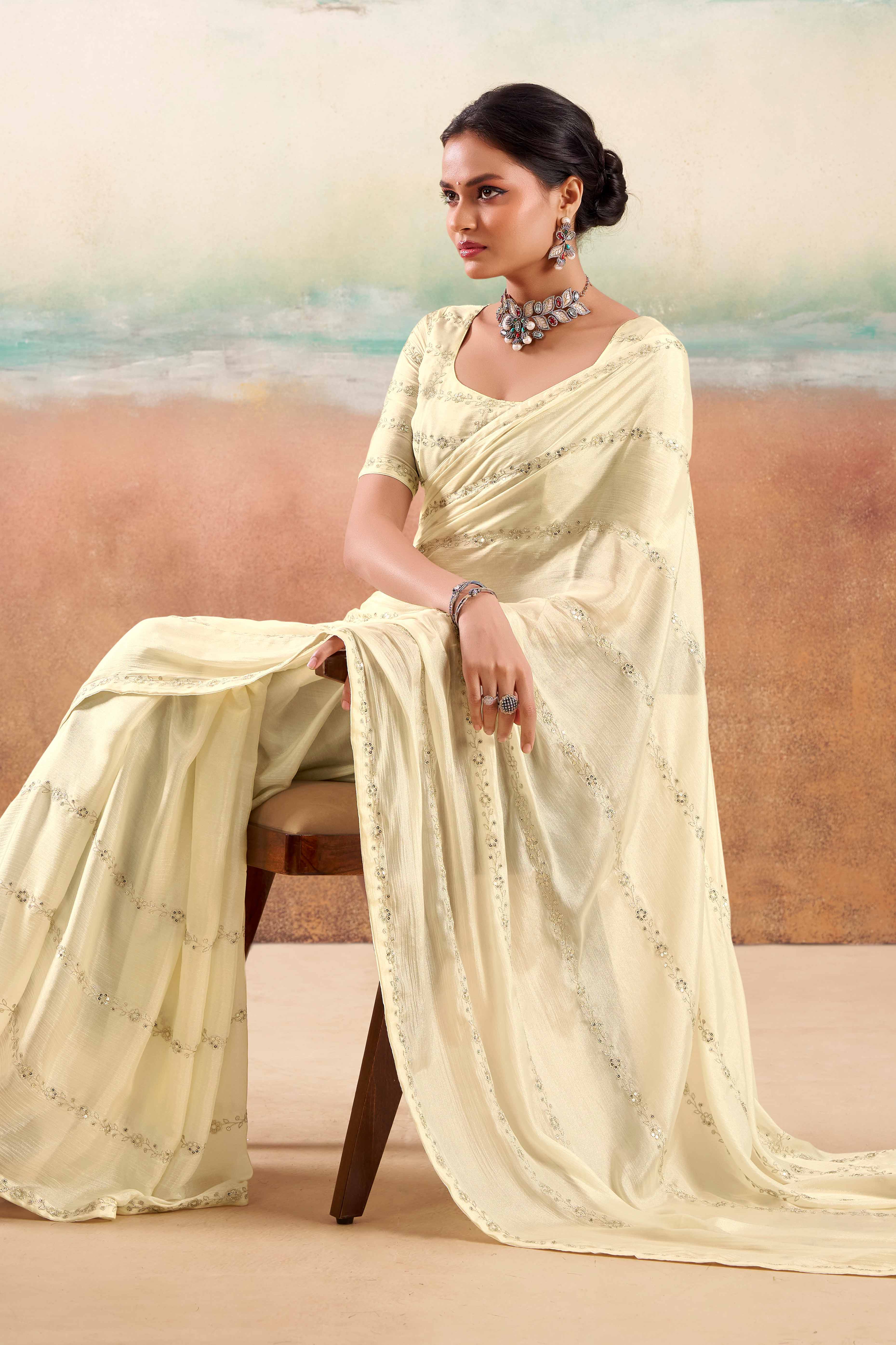 Offwhite Two Tone Chiffon Saree Adorned With Floral Cording Embroidery & Sequins Work