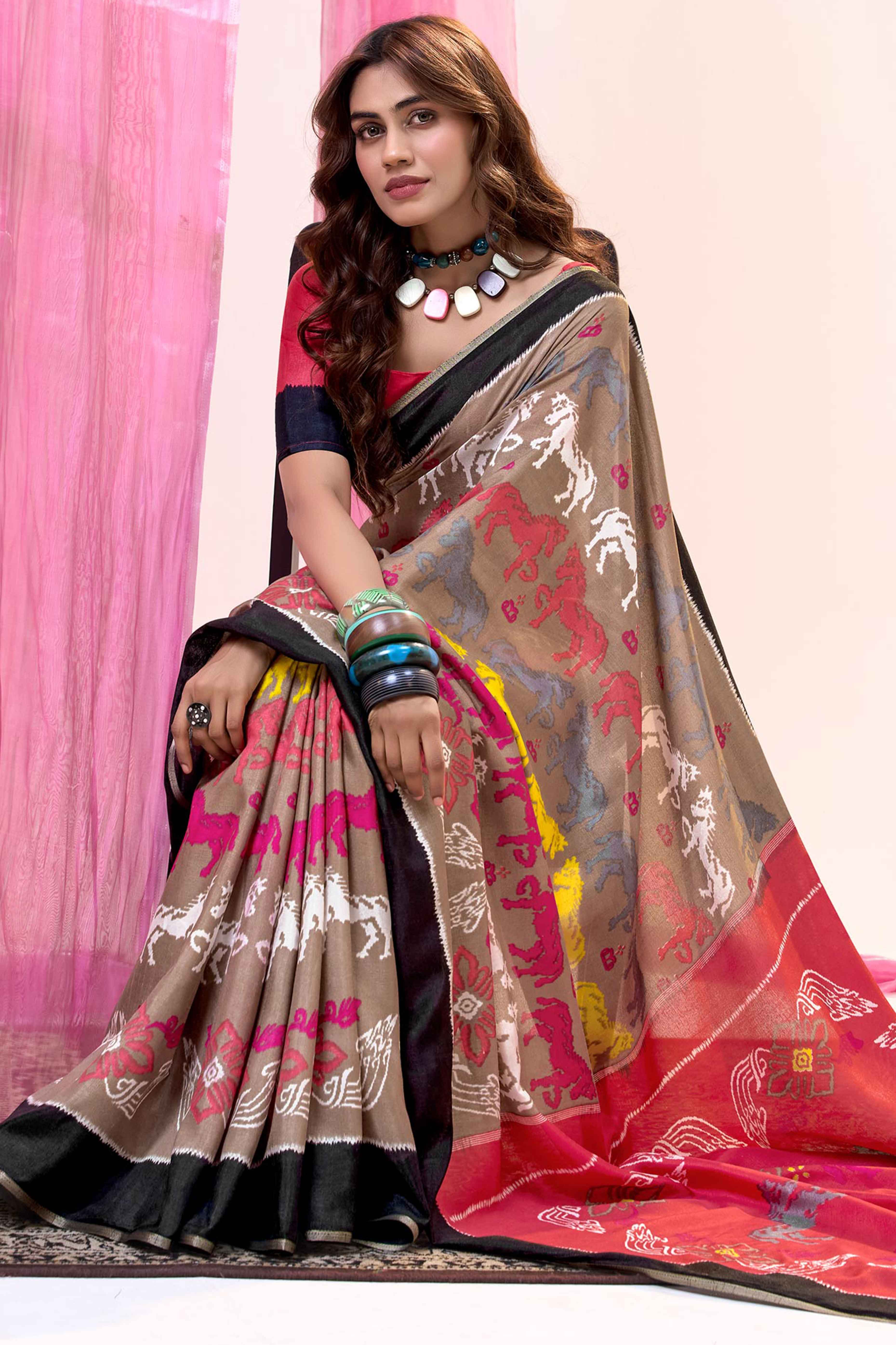 Brown Mill Printed Tussar Silk Saree