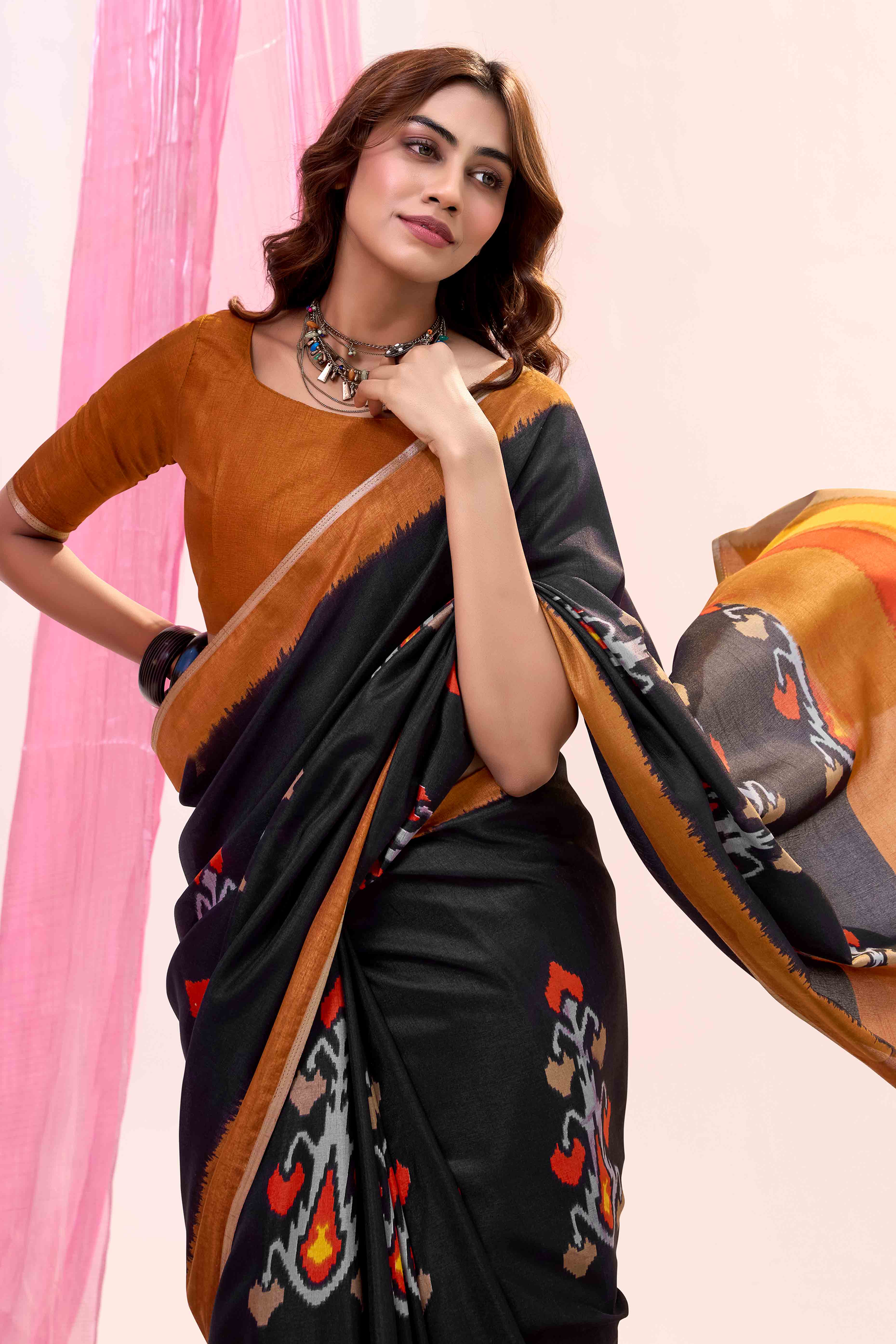 Black Mill Printed Tussar Silk Saree