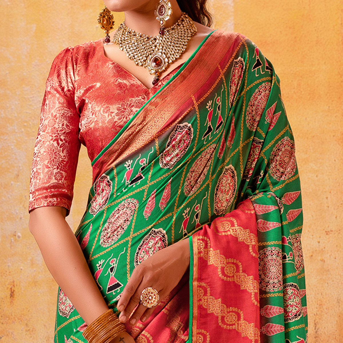 Rama Green Patola Printed Jacquard Saree