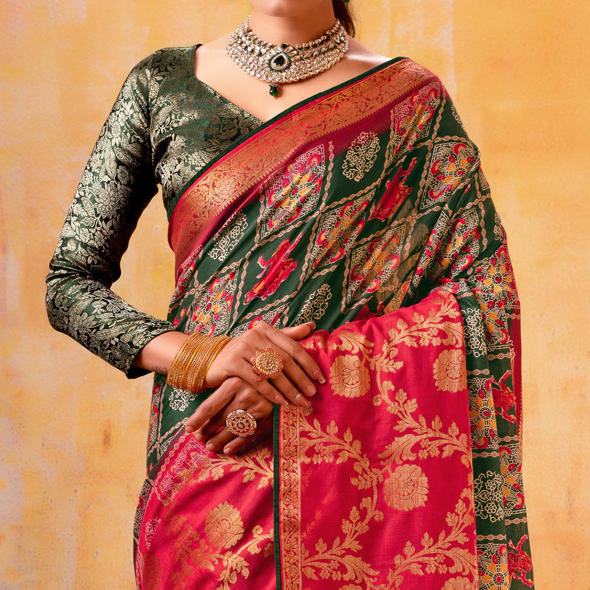 Dark Green Patola Printed Jacquard Saree