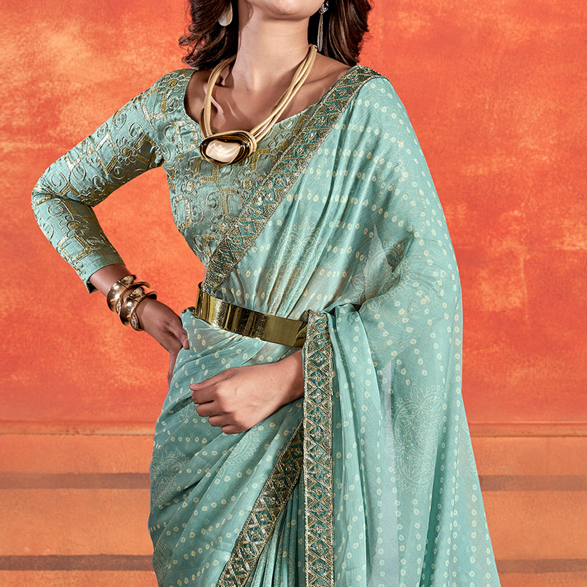 Blue Bandhani Printed Chiffon Saree With Embroidered Border