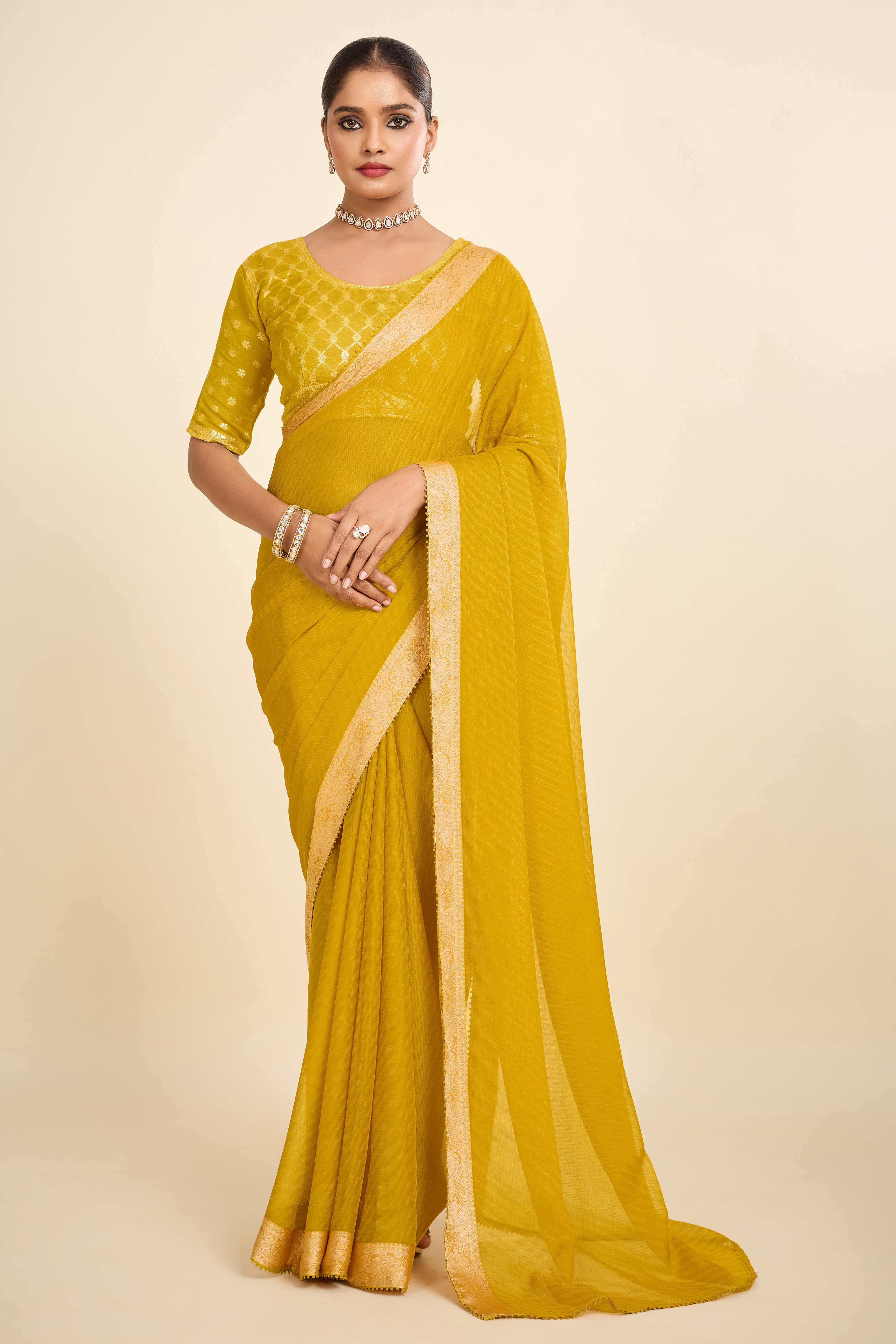 Mustard Printed Chiffon Saree with Intricate Woven Edging