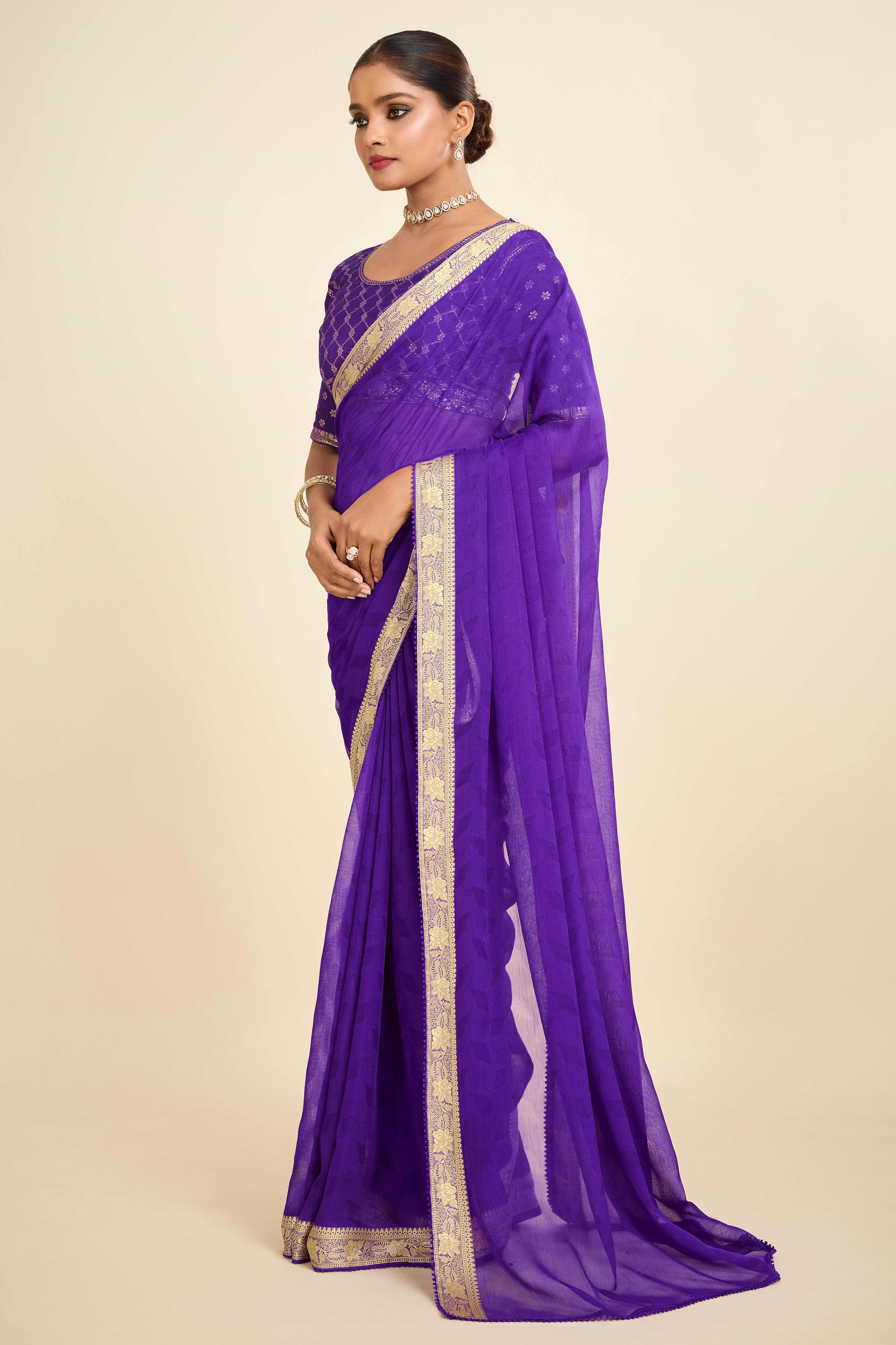 Violet Printed Chiffon Saree with Intricate Woven Edging
