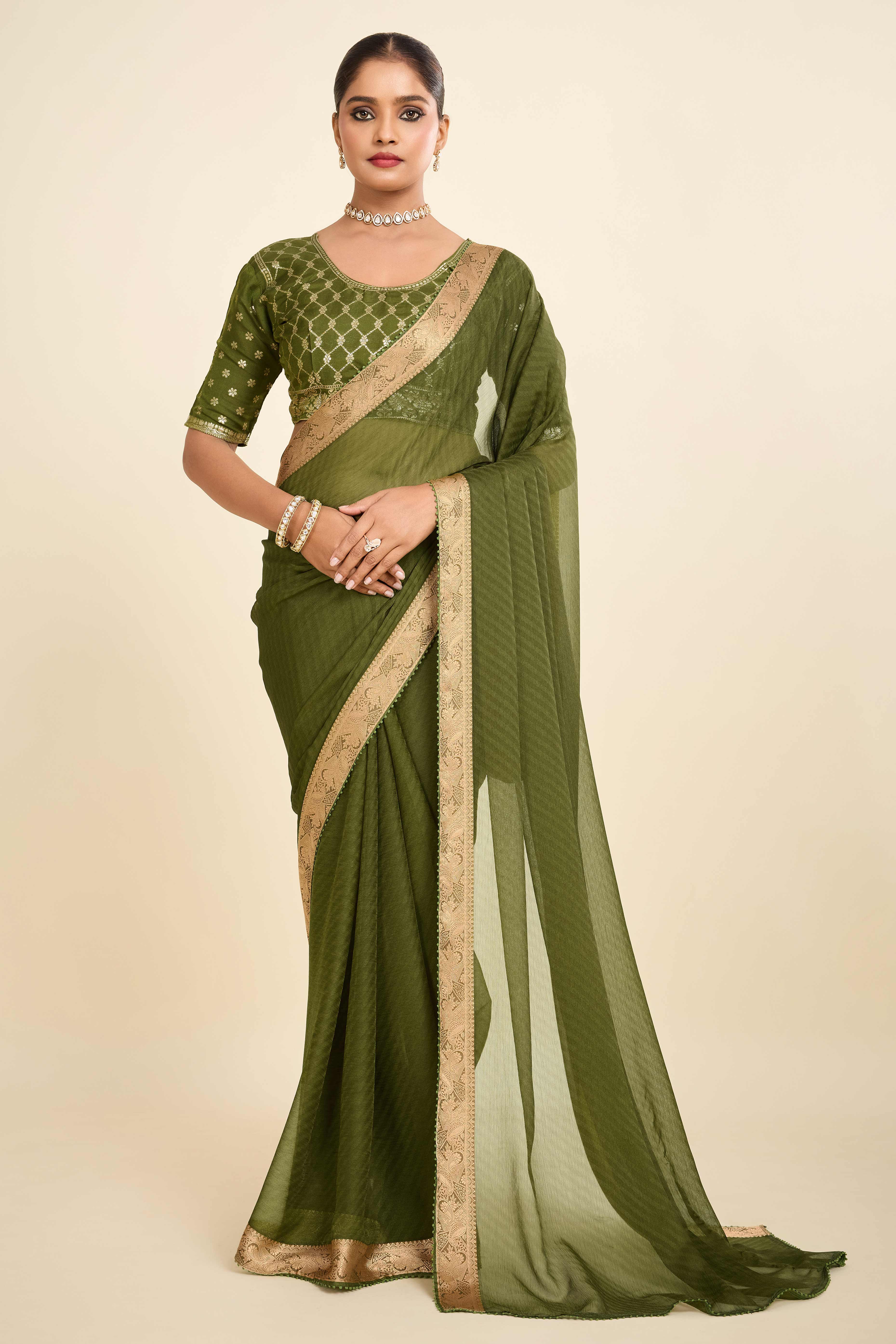 Green Printed Chiffon Saree with Intricate Woven Edging