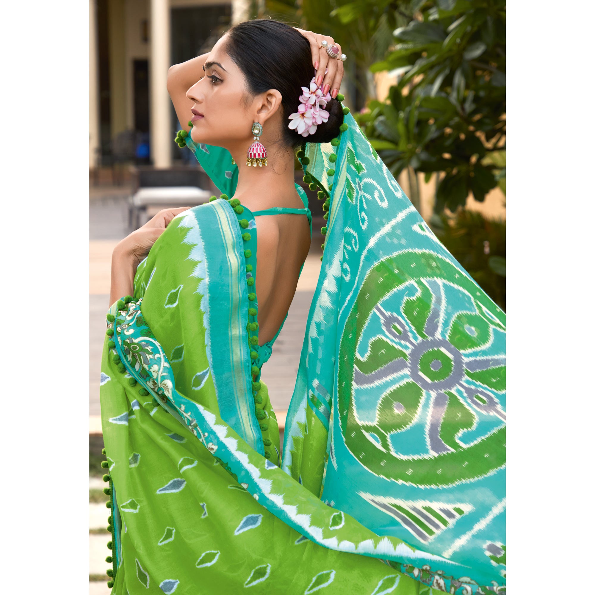 Green Printed Pure Cotton Saree With Pum Pum Border