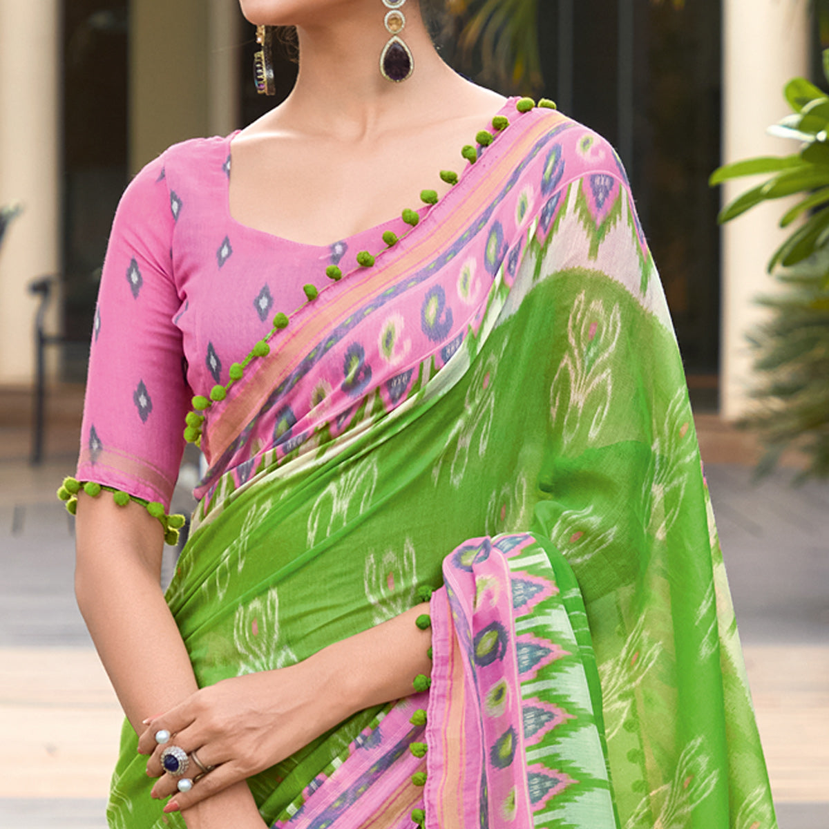 Green & Pink Printed Pure Cotton Saree With Pum Pum Border