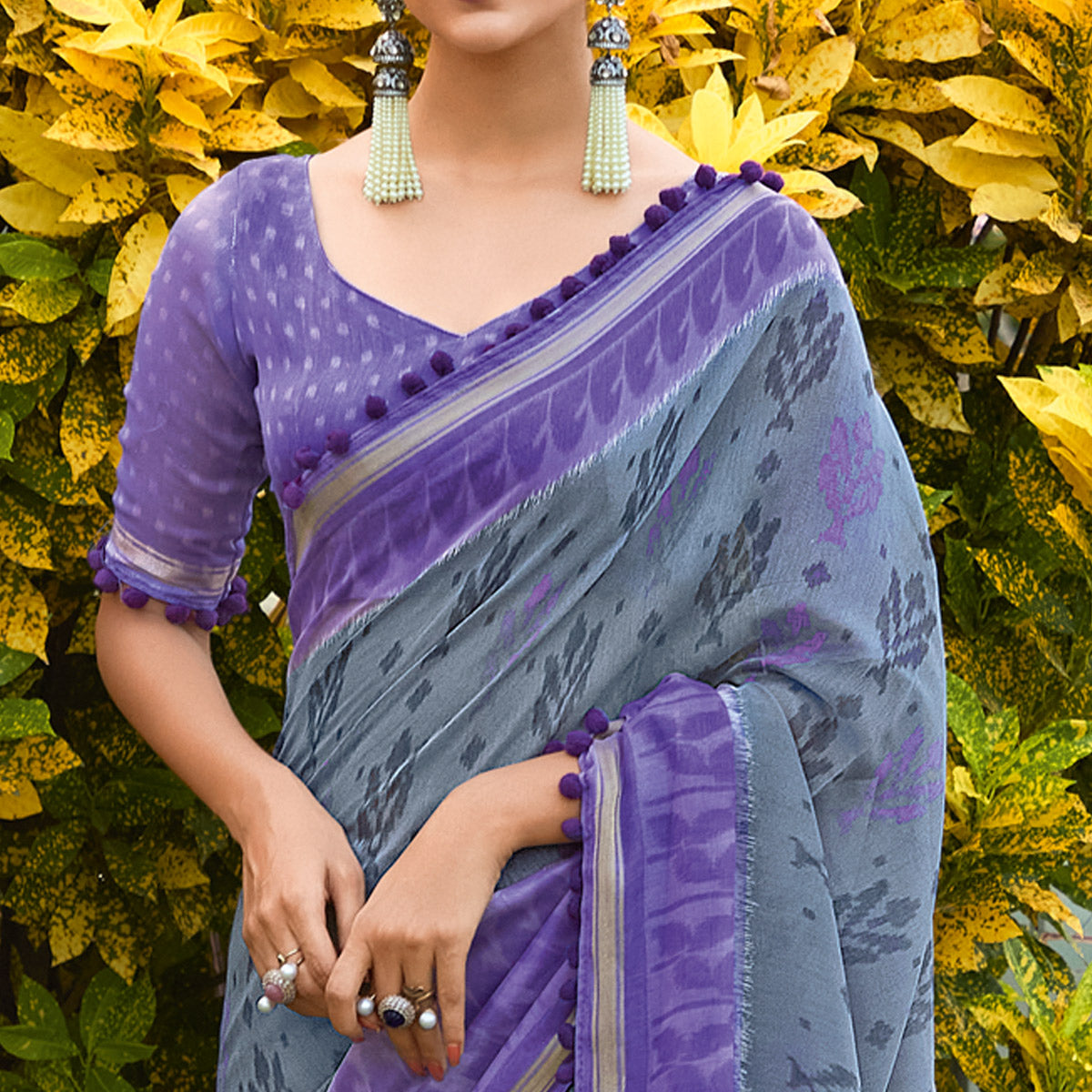 Grey & Purple Printed Pure Cotton Saree With Pum Pum Border