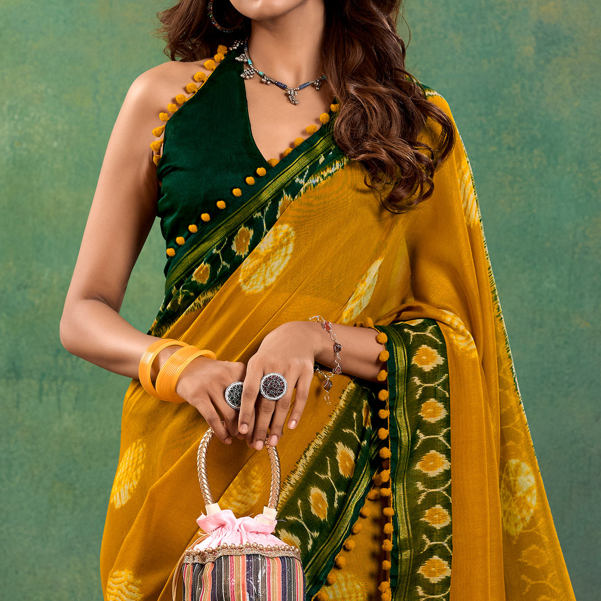 Mustard Ikkat Printed Mul Mul Cotton Saree