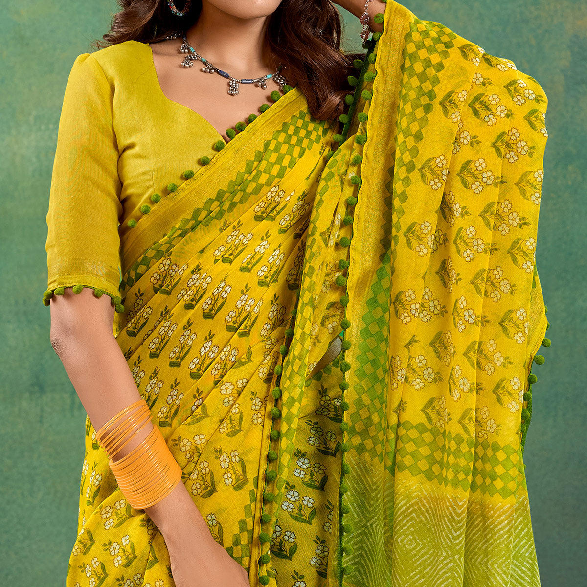 Mustard Floral Printed Mul Mul Cotton Saree