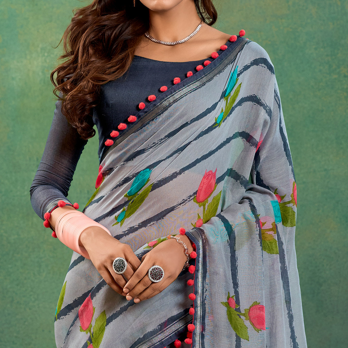 Grey Floral Printed Mul Mul Cotton Saree