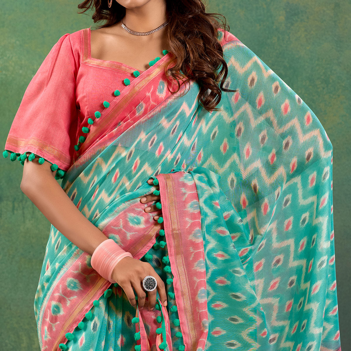 Turquoise Ikkat Printed Mul Mul Cotton Saree