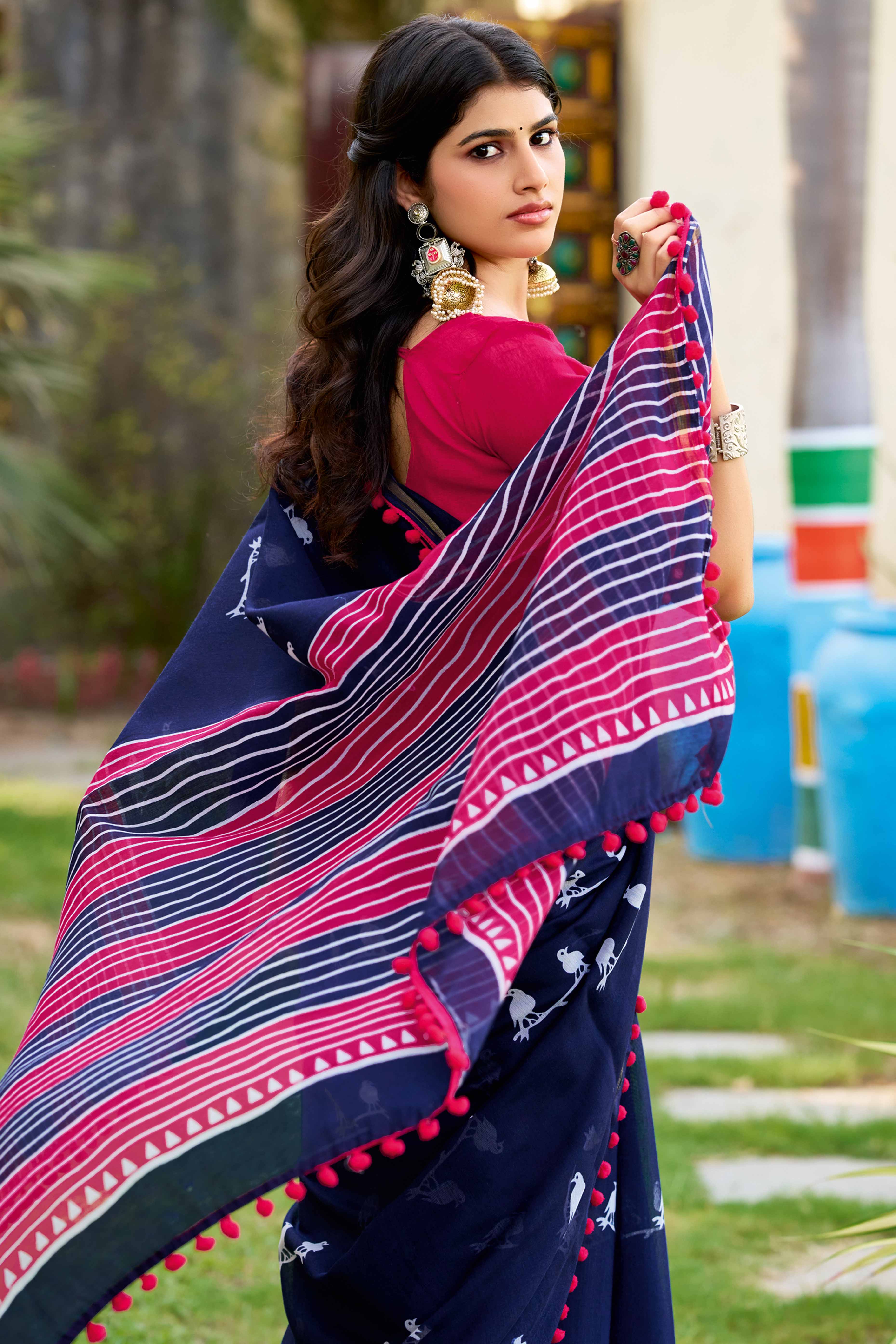 Contemporary Navy Blue Saree with Unique Abstract Patterns In Pure Cotton